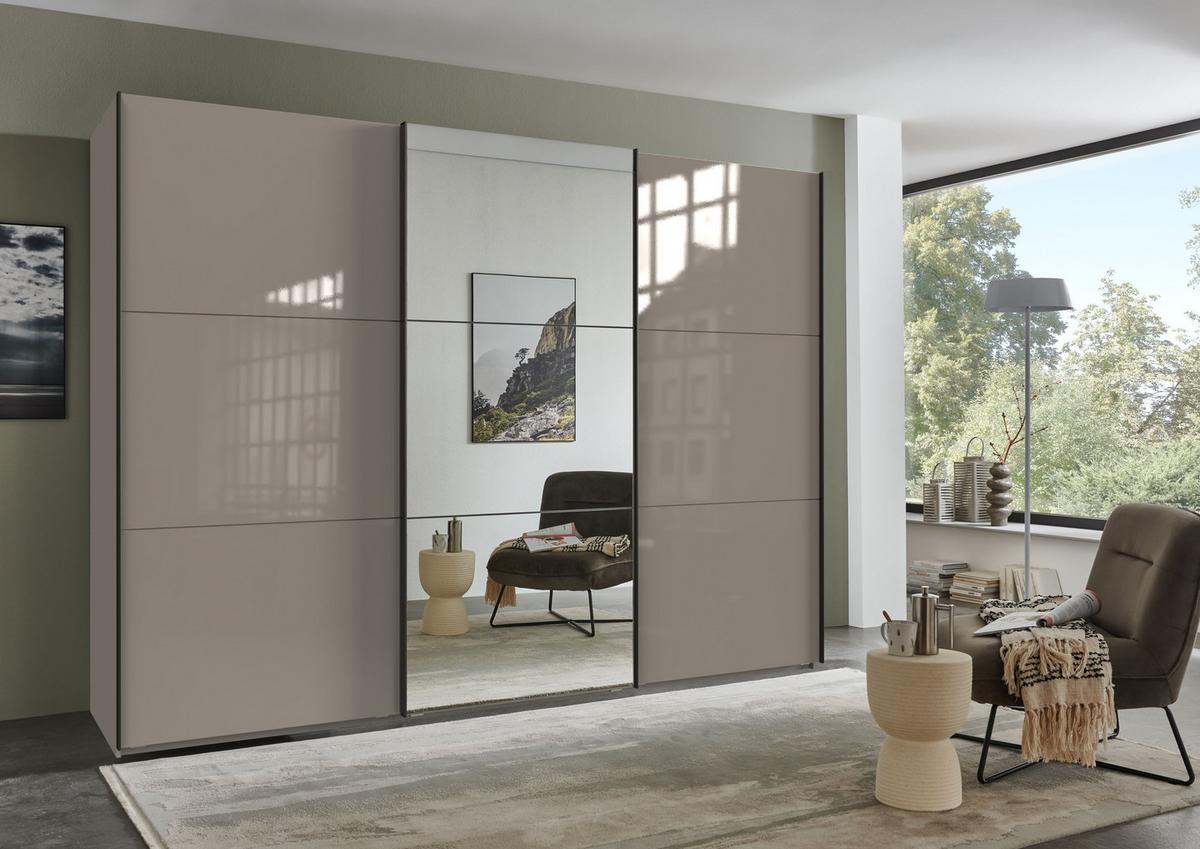 SCHWEBETÜRENSCHRANK 3-türig B300/H216/T65 cm in Sandgrau mit Glasfront, eine Spiegeltür, Kleiderschrank inkl. Vollausstattung / 22040 - Sandfarben/Eichefarben, Holzwerkstoff/Metall (300/216/65cm) - luma-home