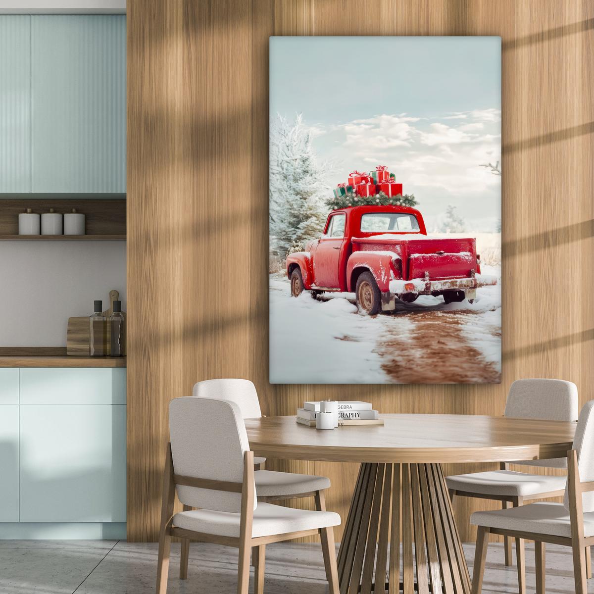 LEINWANDBILD Auto - Rot - Geschenke - Winter - Schnee - Weihnachten Deko XXL 80x120 cm - Rot, Textil (80/120cm) - MuchoWow
