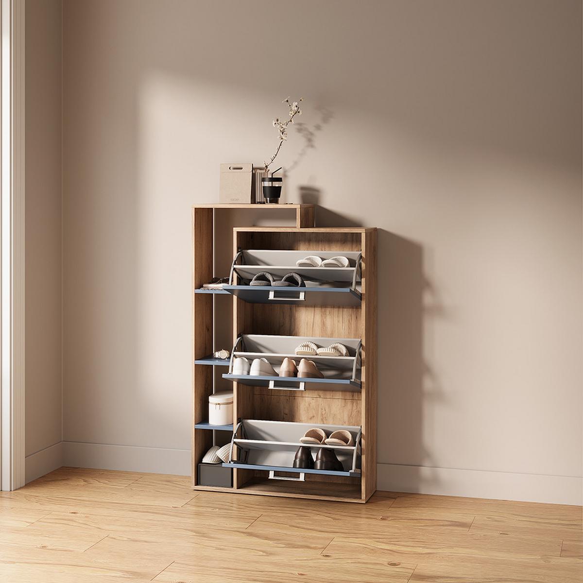 SCHUHKIPPER Ortello Goldkraft Eiche/Blau 80 x 128.3 cm mit 3 Fächern - Honigeiche/Dunkelblau, Holzwerkstoff (80/128.3/24.2cm) - Livinity®
