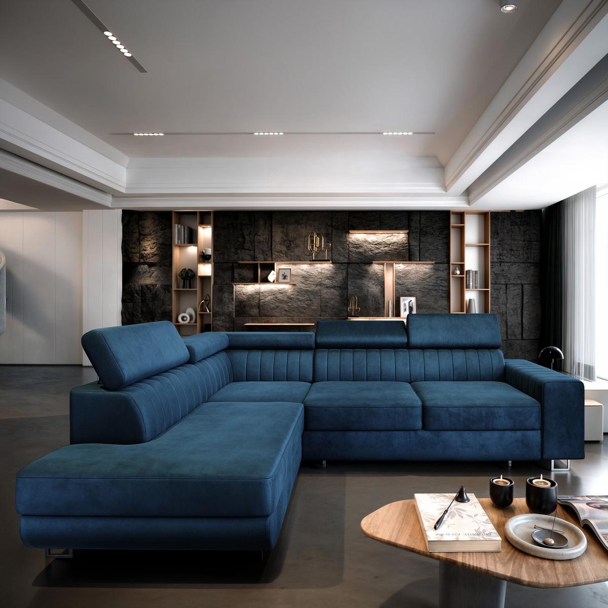 ECKSOFA NOLA L-S Blau Velours-Stoff mit Schlaffunktion - Blau/Silberfarben, Holz/Textil (253/190cm) - MASSENO