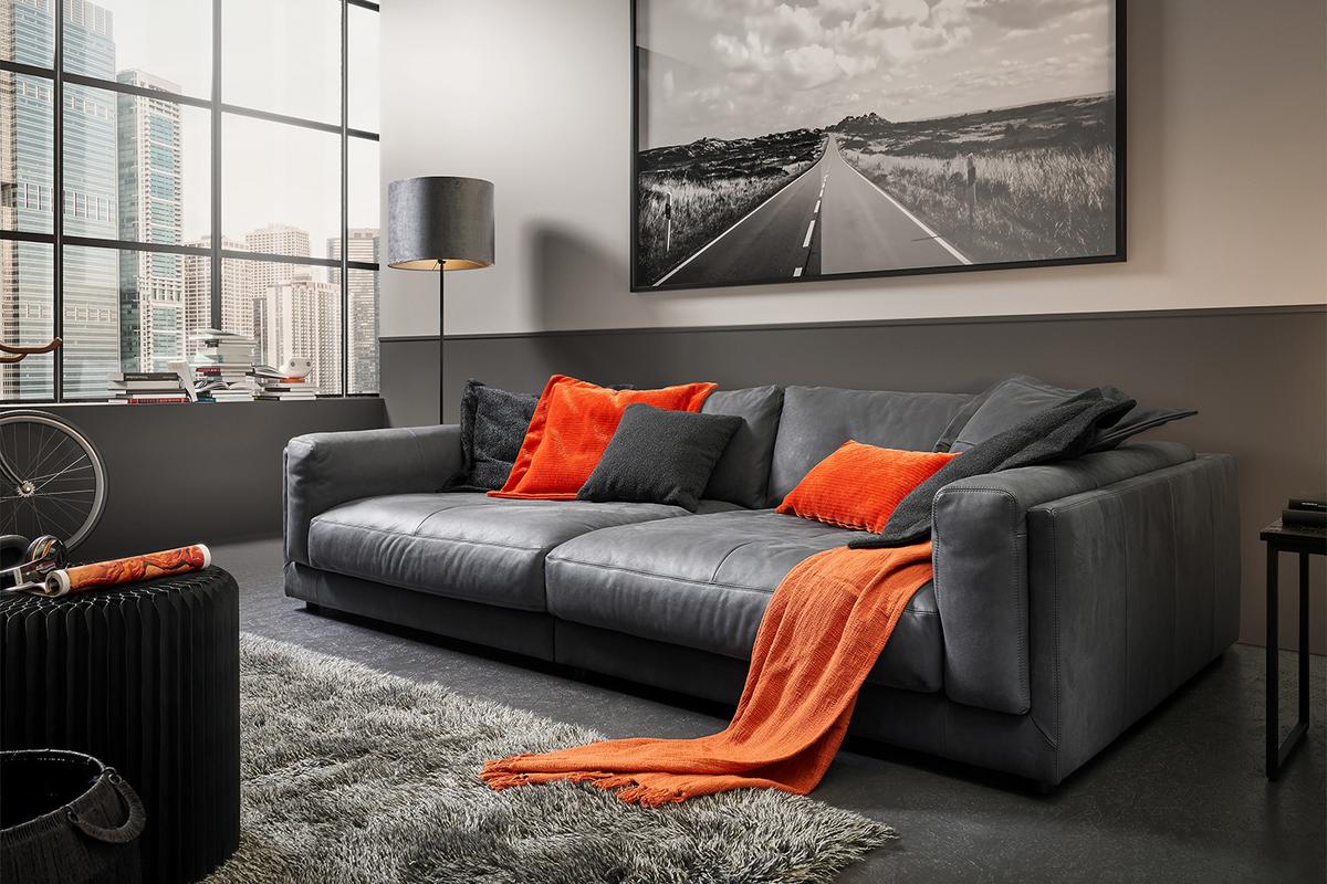 BIG SOFA RAINA Anthrazit Leder - Anthrazit/Schwarz, Leder/Kunststoff (254/85/150cm) - KAWOLA