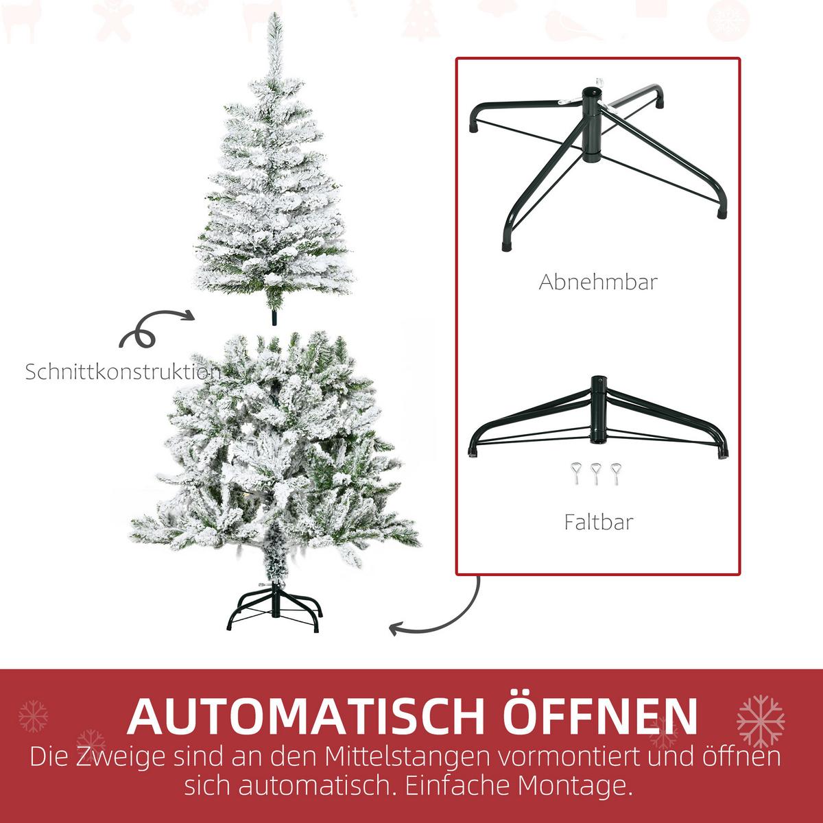 WEIHNACHTSBAUM 150 cm Künstlicher Kieferbaum mit Kunstschnee, 358 Astspitzen - Weiß/Grün, Kunststoff/Metall (150cm) - HOMCOM