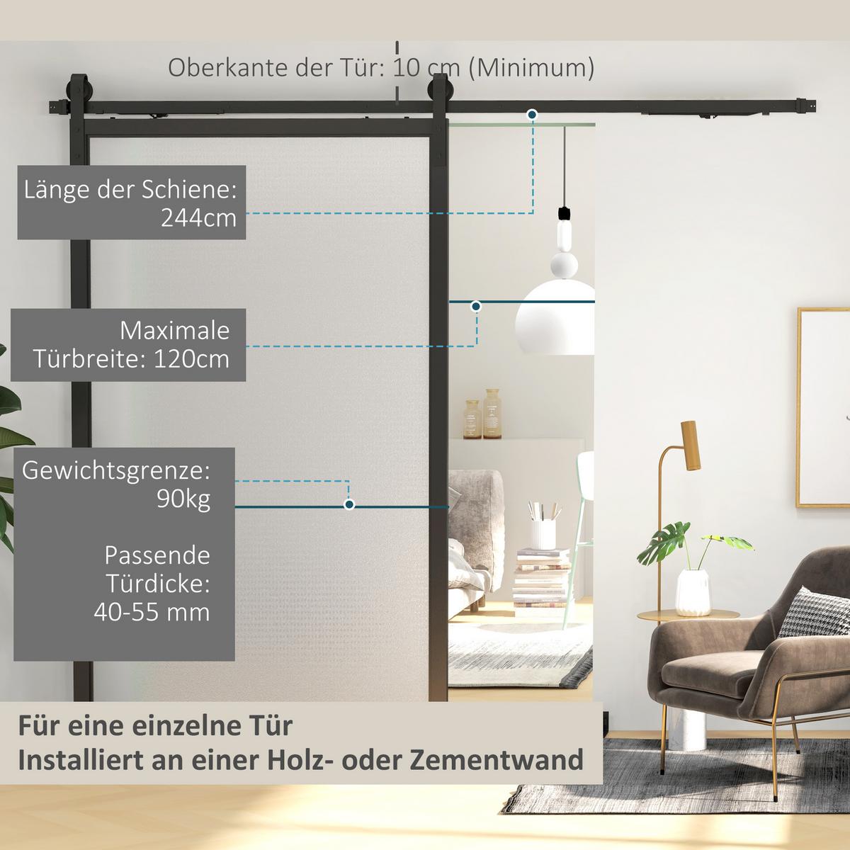 SCHIEBETÜREN-BESCHLAGSATZ, 244 cm Komplett-Set mit Schienen, Rollen, Anti-Sprung-Vorrichtungen, Türstopper, Schwarz - Schwarz, Metall (0.5/4/244cm) - HOMCOM