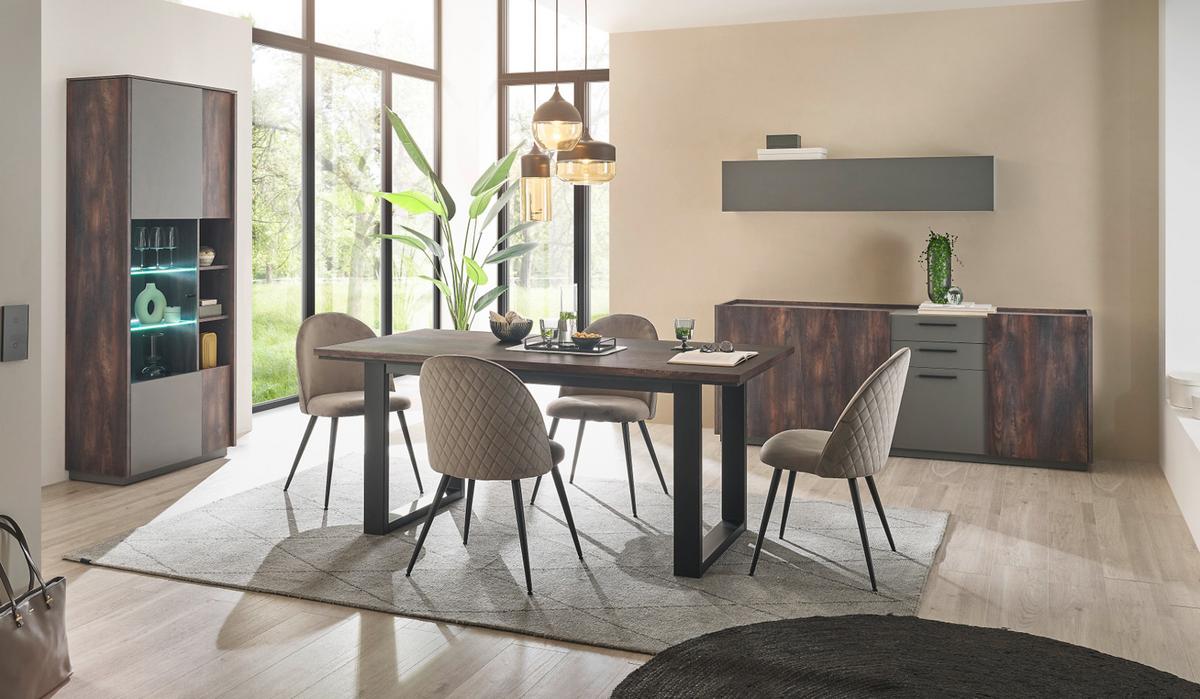 ESSZIMMER-SET Thermo Eiche, grau, Speisezimmer 4-teilig mit Soft-Close - Eichefarben/Grau, Glas/Holzwerkstoff (200/200/81cm) - Furn.Design