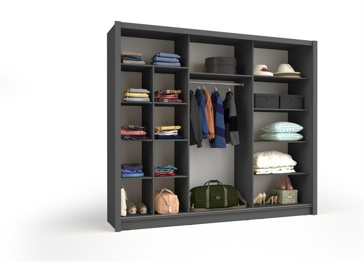 SCHWEBETÜRENSCHRANK FRISKA 247,8/215/61,6cm 3-türig mit Spiegel Grau - Grau, Holzwerkstoff (247.8/215/61.6cm) - MASSENO