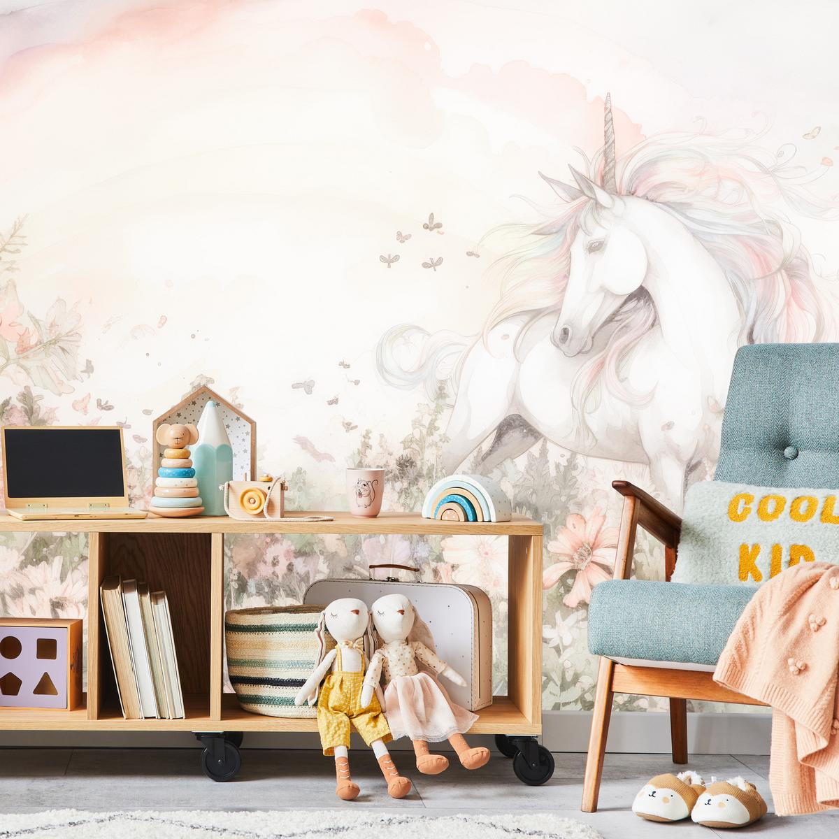 FOTOTAPETE für Kinder Einhorn Blumen Aquarell 500x350 - Gelb/Beige, Papier (500/350cm) - Muralo