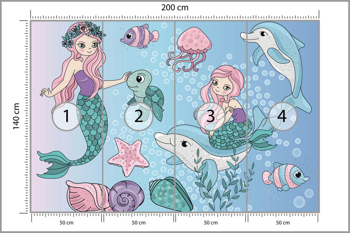 FOTOTAPETE für Kinderzimmer Meerjungfrauen Delfine Fische Muscheln Qualle Schildkröte 200x140 - Multicolor, Papier (200/140cm) - Muralo
