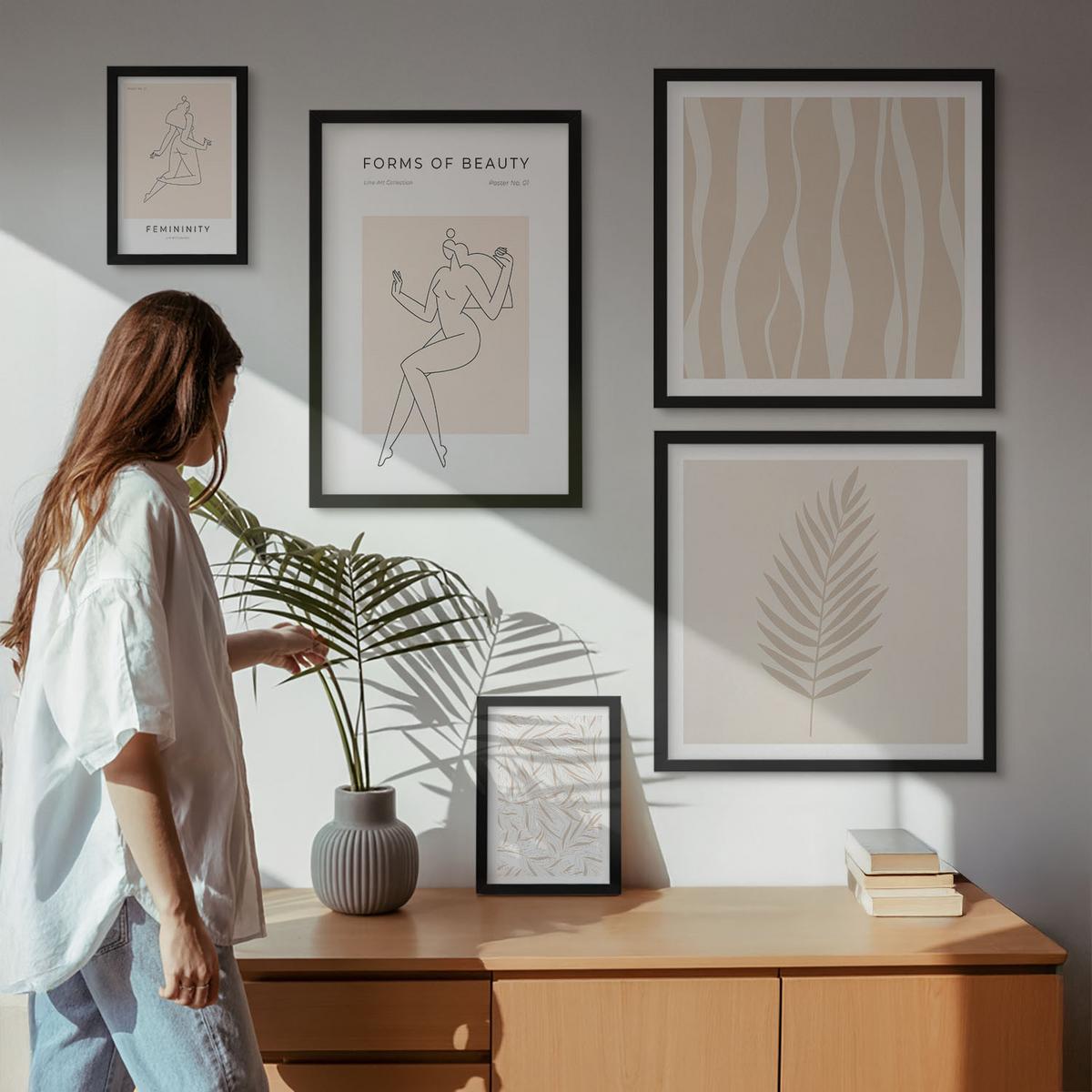 BILDER SET 5er Set - 50x50 cm & 20x30 cm & 40x60 cm Schwarzer Rahmen - Minimalistische Pflanzenmotive - Schwarz, Kunststoff (40/60cm) - TULUP