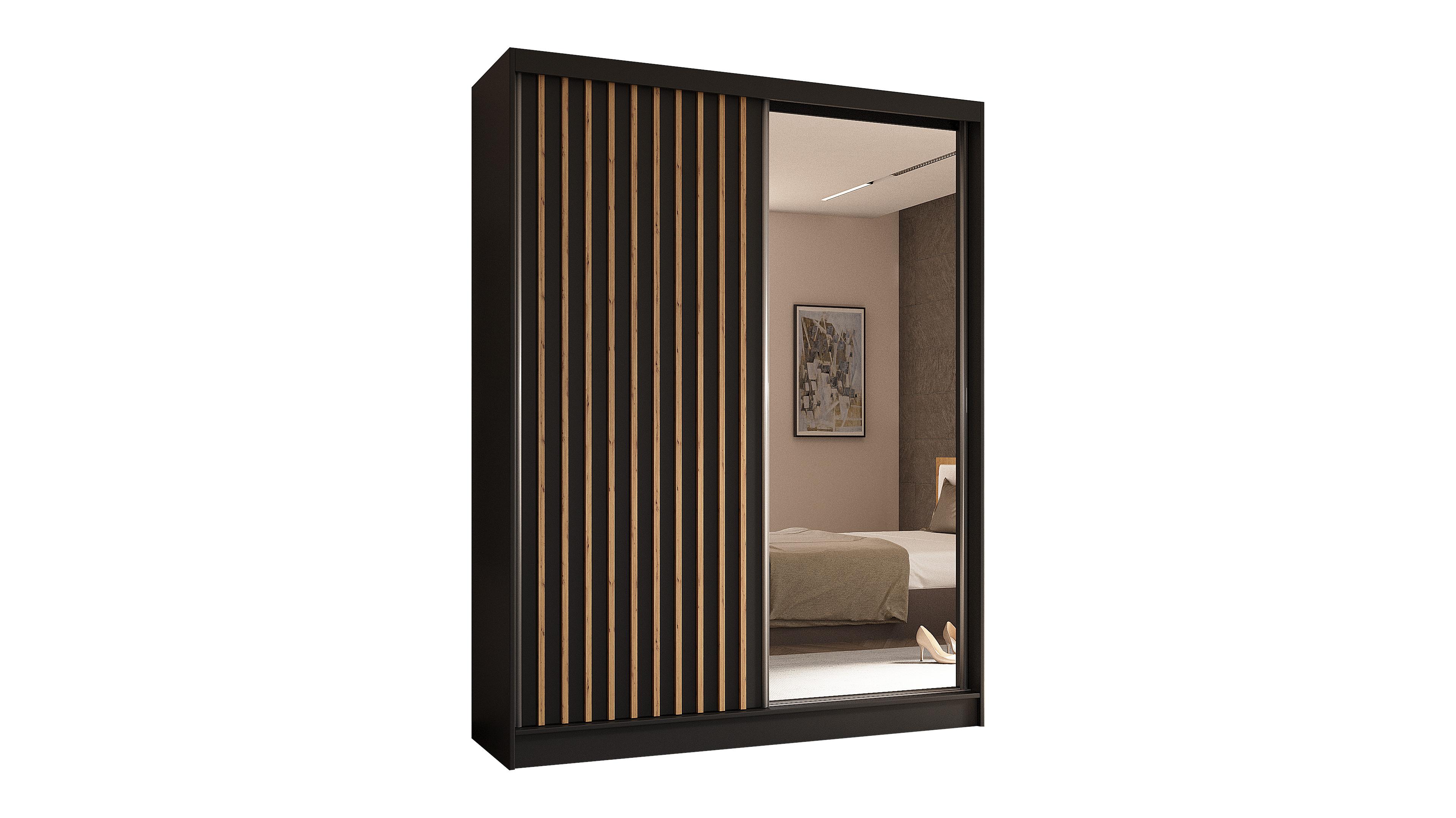 KLEIDERSCHRANK mit Spiegel-Schiebetüren und Aluminium-Leisten, LED-Beleuchtung -LAMELO- 160 cm Schwarz+Schwarz+Artisan - Schwarz/Eiche Artisan, Holzwerkstoff (160/216/61cm) - ALTDECOR