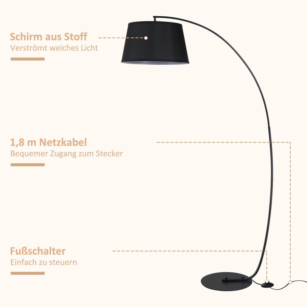 STEHLAMPE Wohnzimmer Stehleuchte mit Lampenschirm aus Stoff, Fußschalter - Schwarz, Metall (105/47/190cm) - HOMCOM