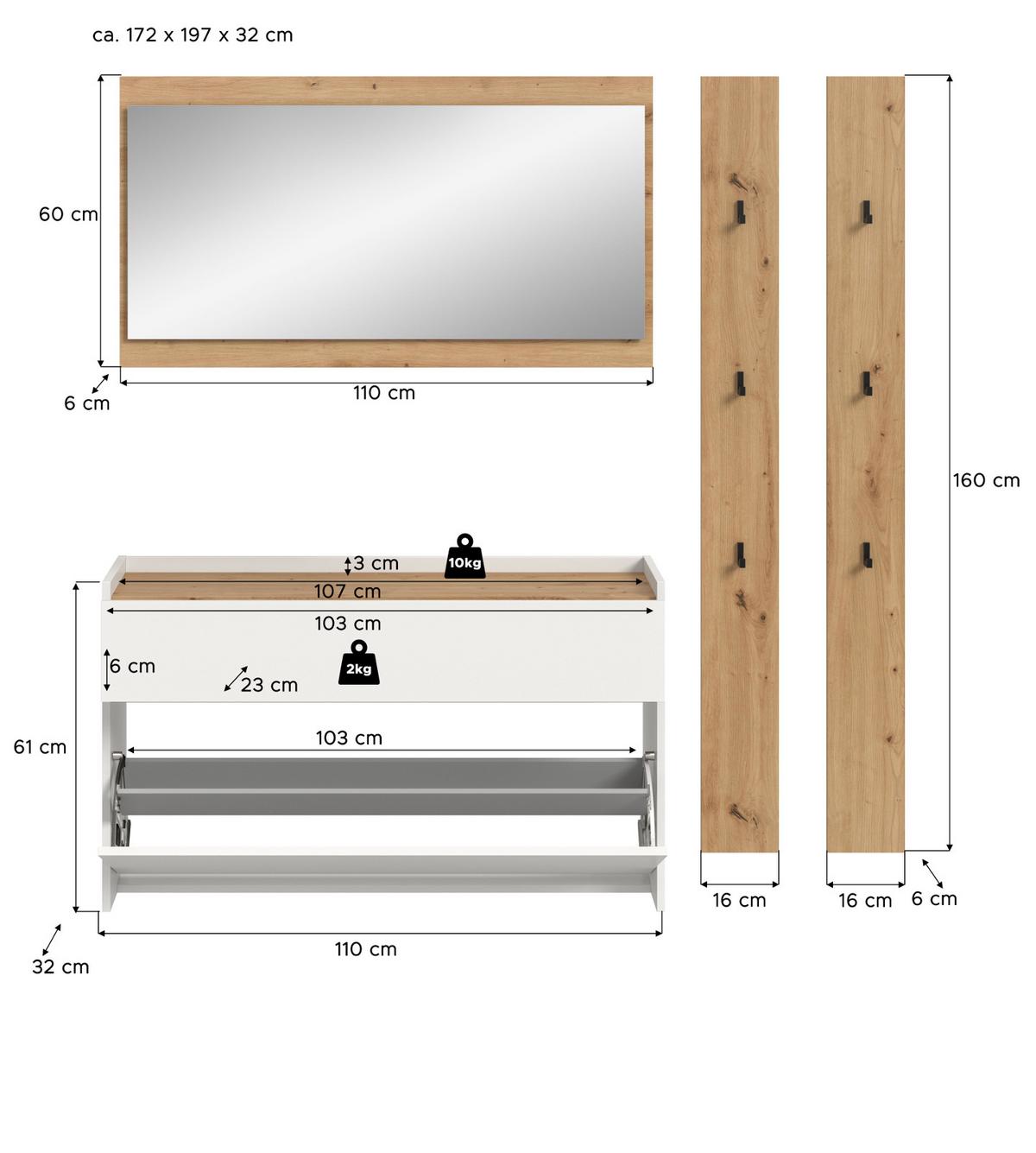 GARDEROBEN-SET weiß und Artisan Eiche, Flur Garderobe 4-teilig, 172 x 197 cm - Weiß/Eiche Artisan, Holzwerkstoff (172/197/32cm) - Inn.Furn