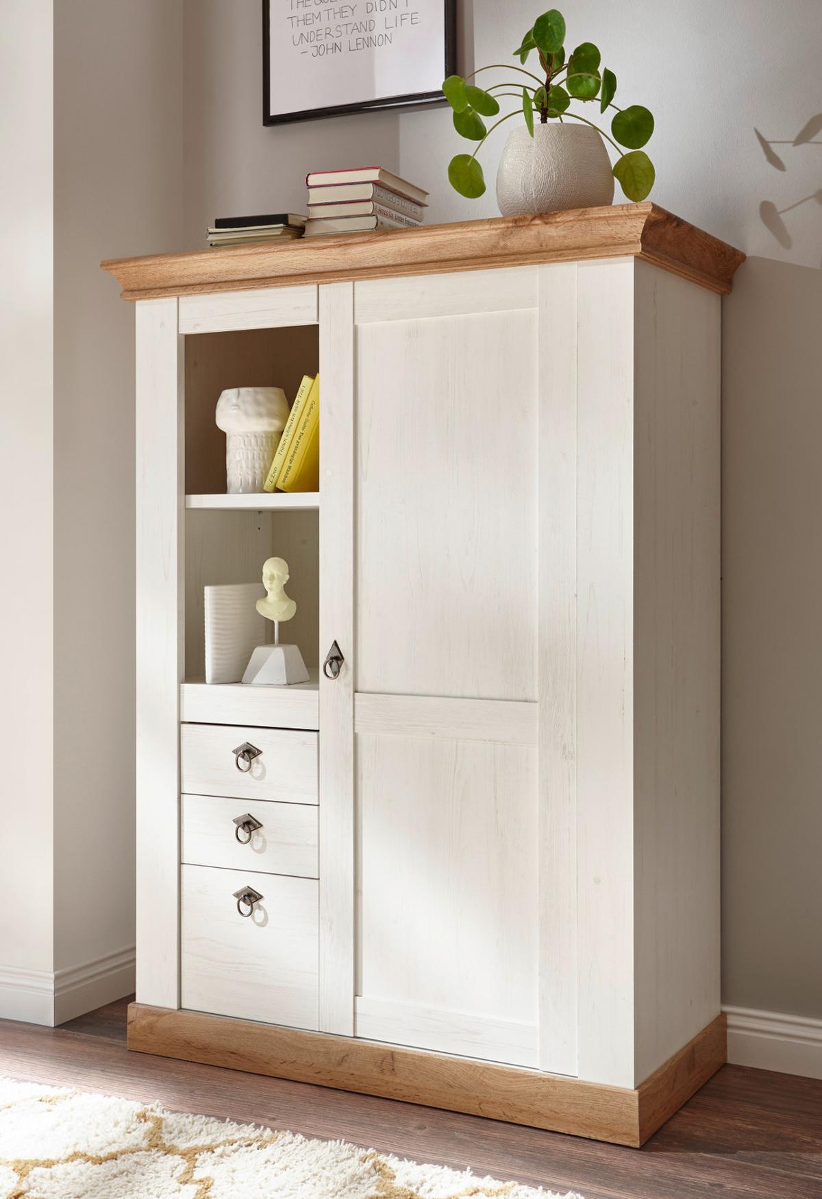 HIGHBOARD weiß Pinie, Eiche, Landhaus Kommode 100 x 140 cm - Silberfarben/Eiche Wotan, Holzwerkstoff/Metall (102/139/44cm) - Furn.Design
