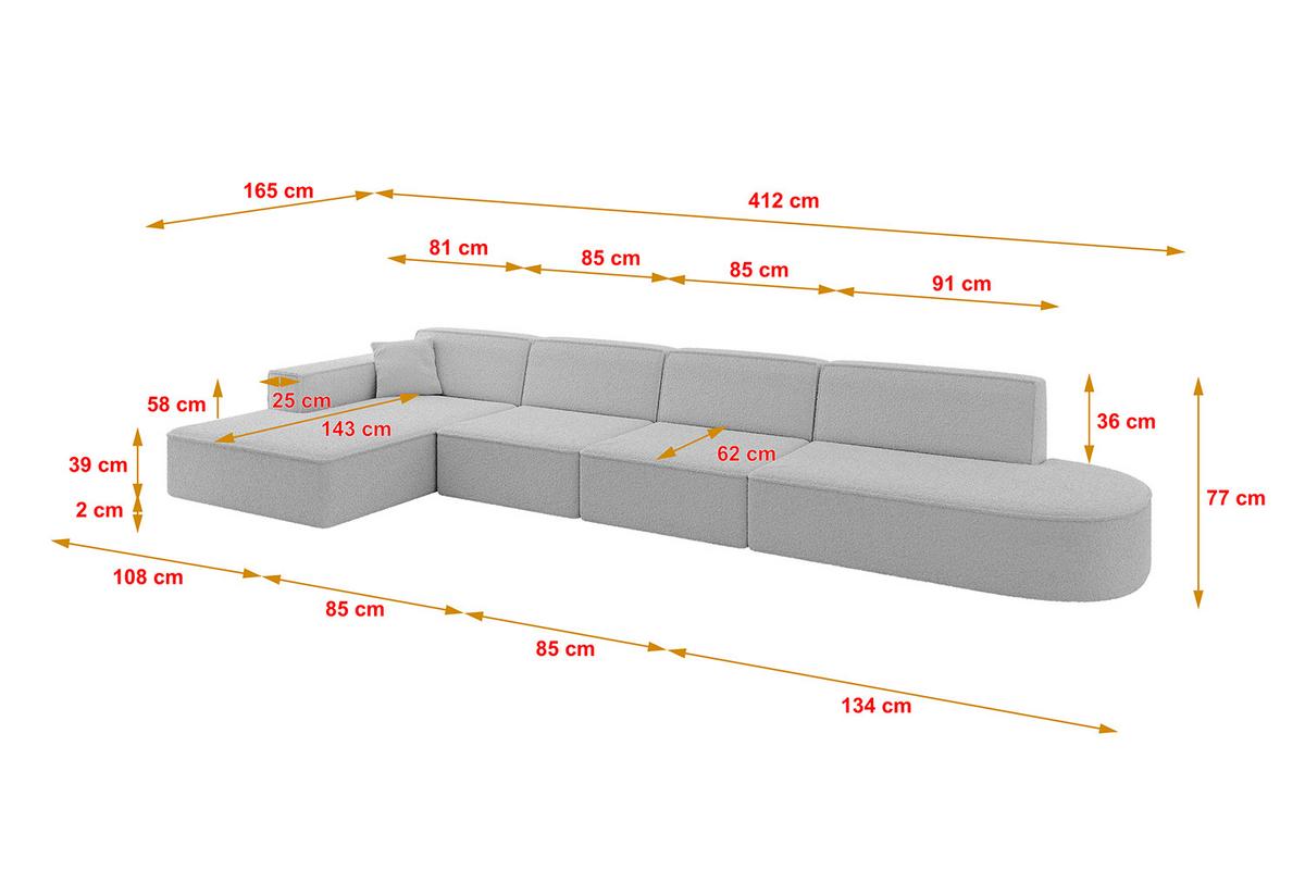 ECKSOFA Ottomane Links IREA-L3-v4 - 412x165x77 cm Hellgrau - Hellgrau, Holzwerkstoff/Textil (412/165cm) - ALTDECOR