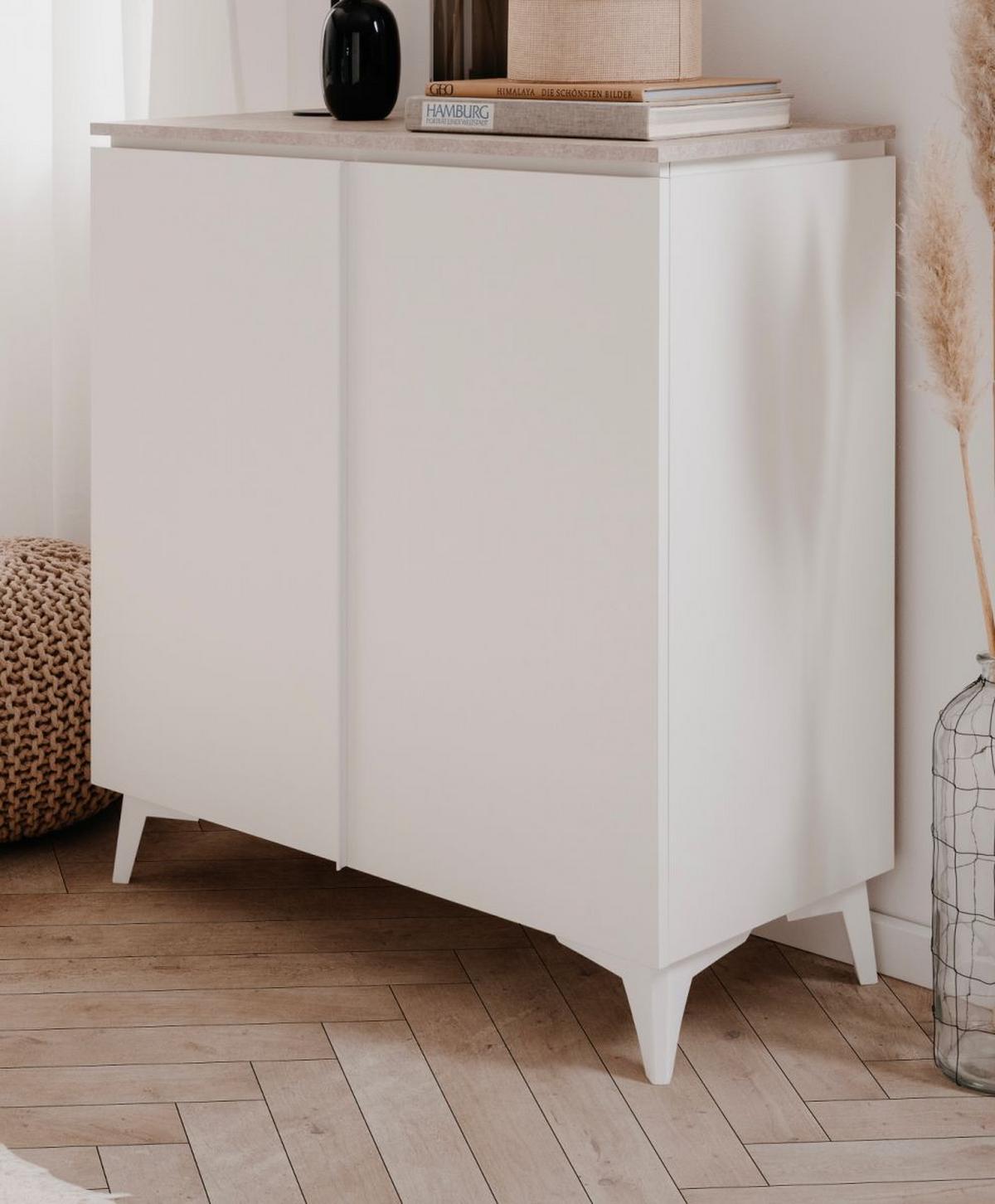 KOMMODE weiß mit Sandstein 88 x 92 cm, Anrichte 2-türig - Sandfarben/Weiß, Holzwerkstoff/Kunststoff (88/92/40cm) - Furn.Design