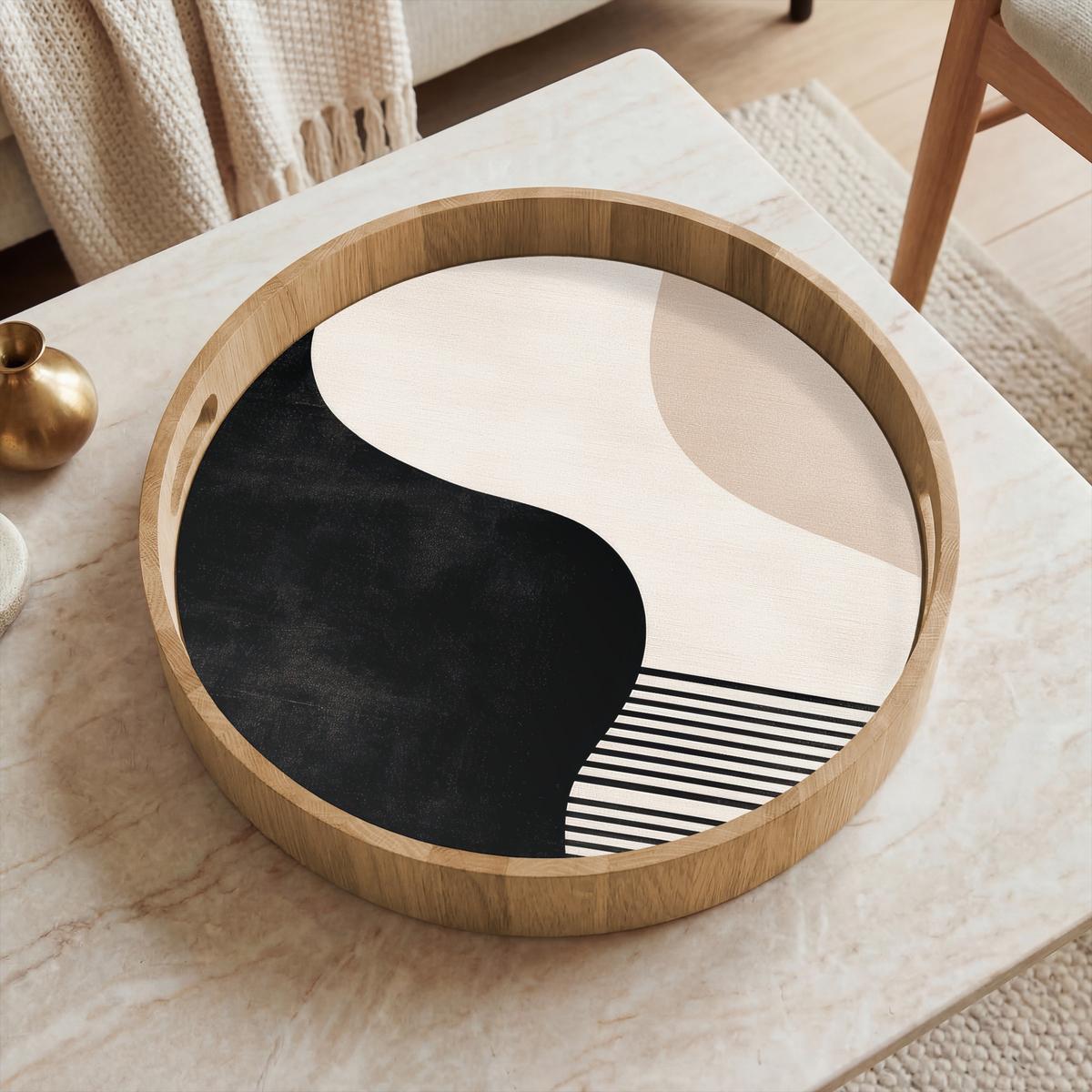 TABLETT Abstrakt - Japandi - Beige - Modern 40x40 cm - Schwarz, Holz (40/5/5cm) - OnlyWow