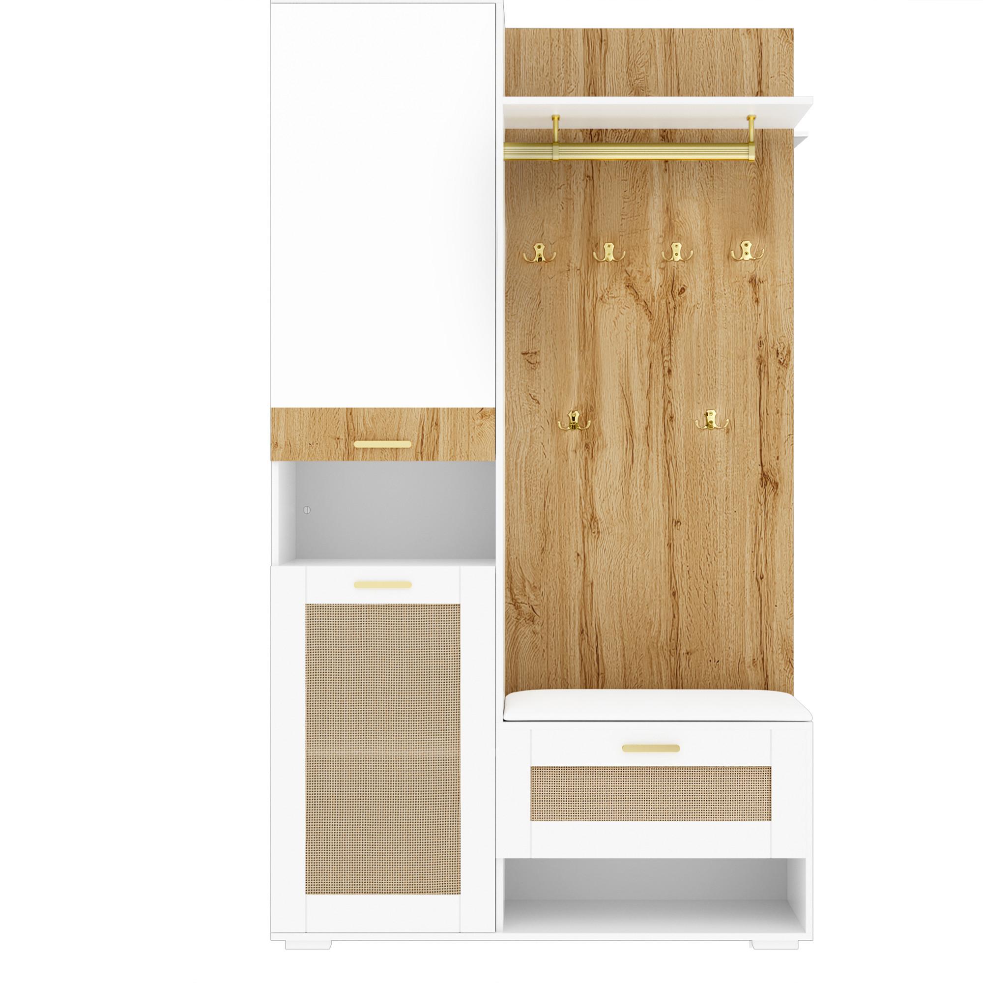GARDEROBEN-SET 110 cm in Weiß/Holz mit Spiegel Rattan-Optik - Naturfarben, Holzwerkstoff (110/190/38cm) - Urban Meuble