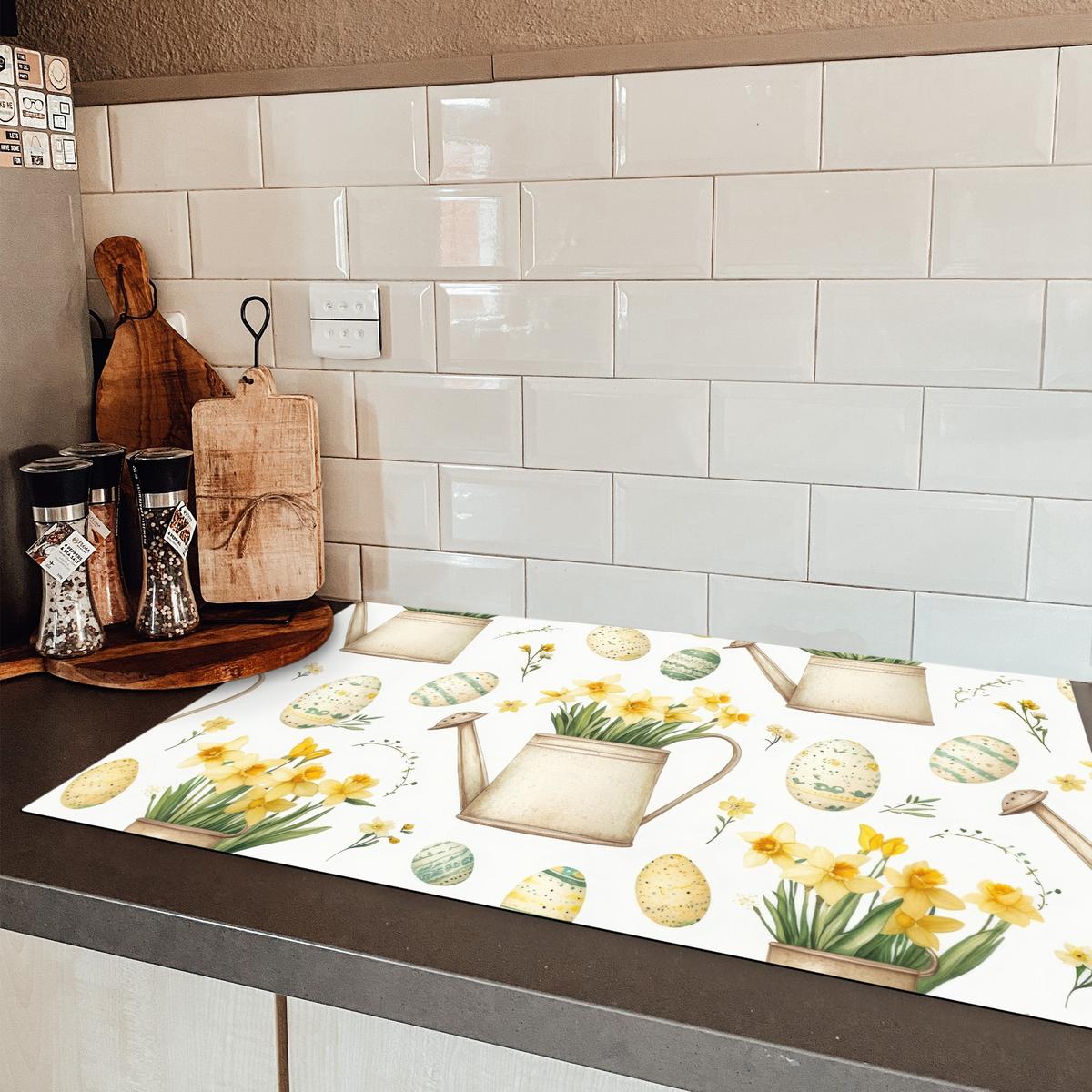 HERDABDECKPLATTE Gießkanne - Blumen - Eier Induktionsmatte 83x51 cm - Weiß, Kunststoff (83/51.5/0.2cm) - MuchoWow