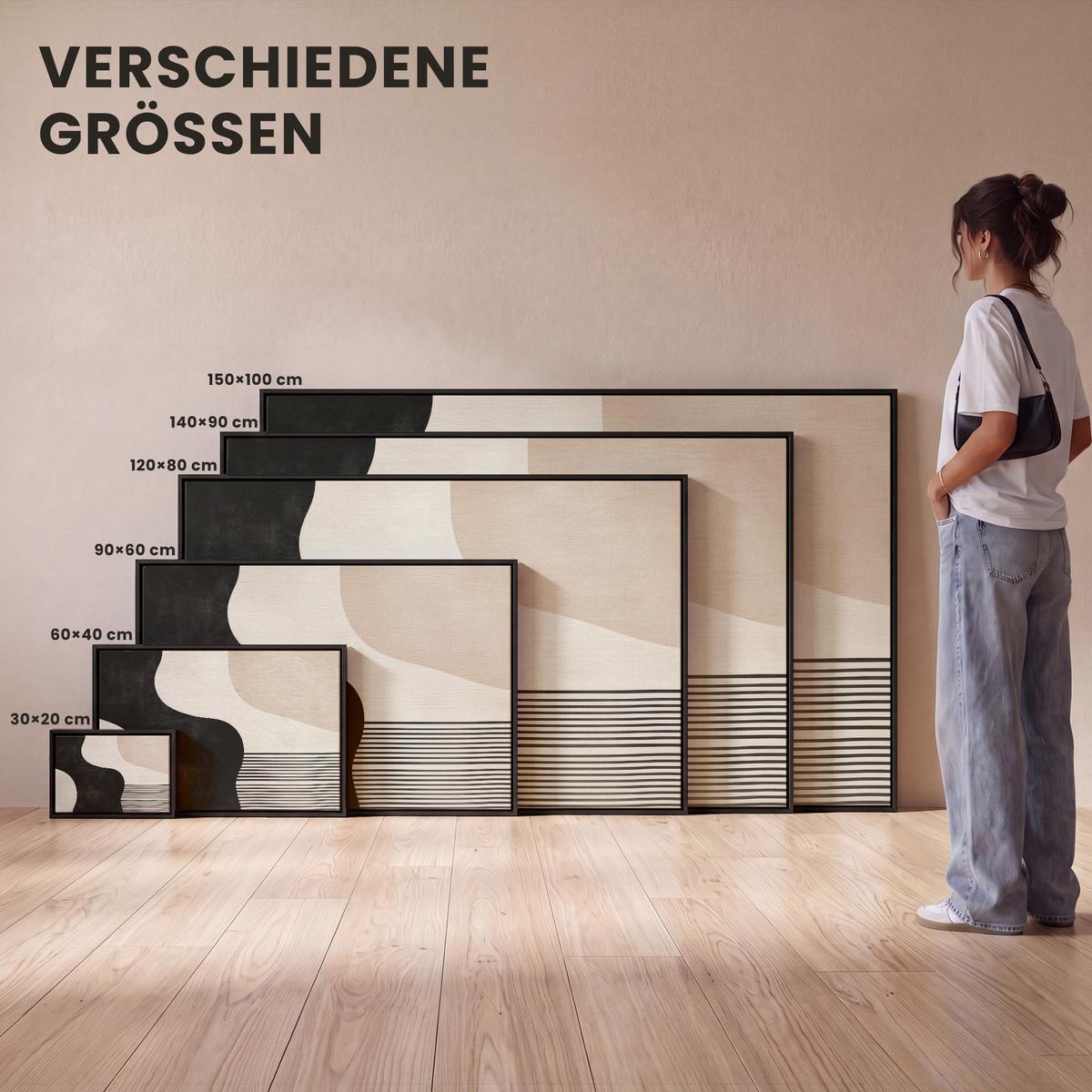 LEINWAND Bilder mit Rahmen - Abstrakt - Japandi - Beige - Modern - 90x60 - Schwarz, Textil (90/60cm) - MuchoWow