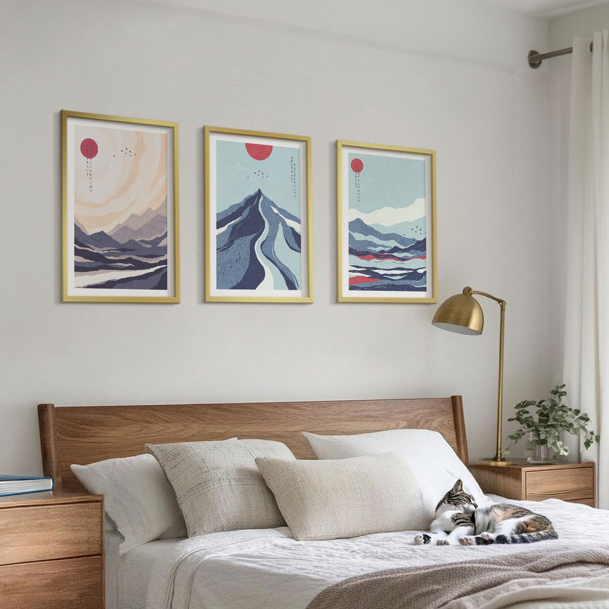 BILDER SET 3er Set - 40x60 cm Goldrahmen - Abstrakte japanische Berge - Goldfarben, Kunststoff (40/60cm) - TULUP
