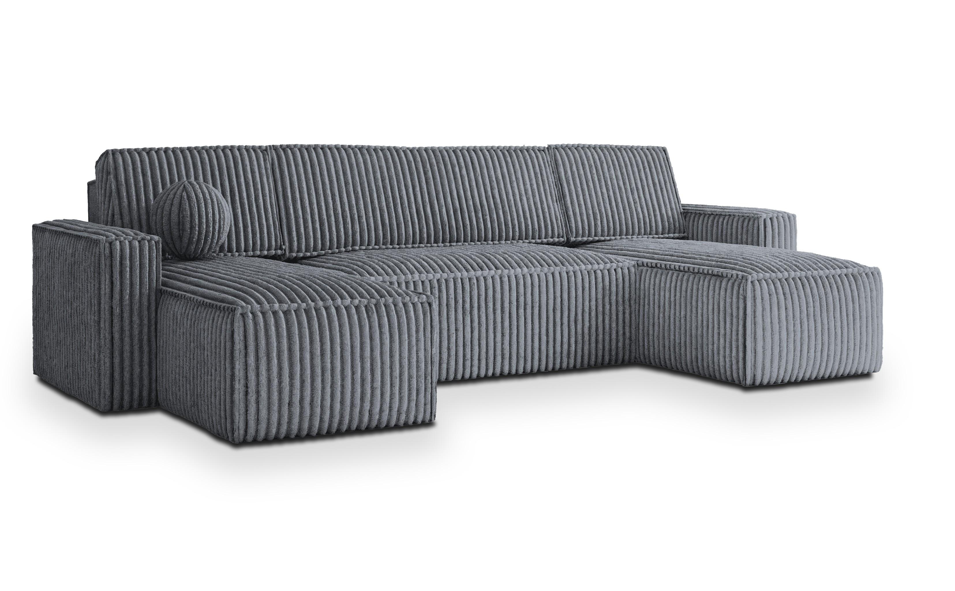 WOHNLANDSCHAFT PESANO T Grau Kordstoff mit Schlaffunktion - Grau, Holz/Kunststoff (306/85/140cm) - MASSENO