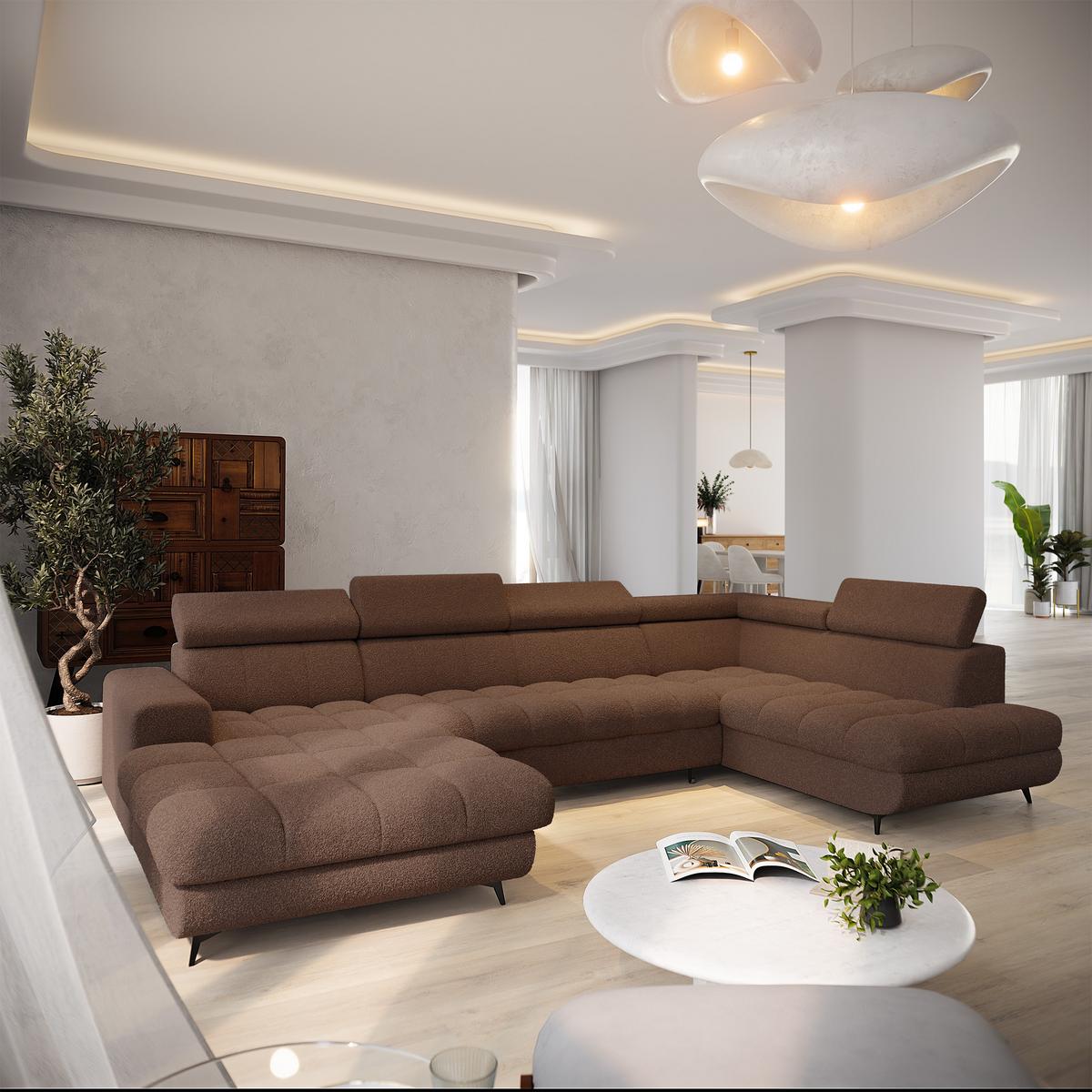 WOHNLANDSCHAFT CORENO Braun Boucle-Stoff mit Schlaffunktion - Braun, Holz (345/88/190cm) - MASSENO