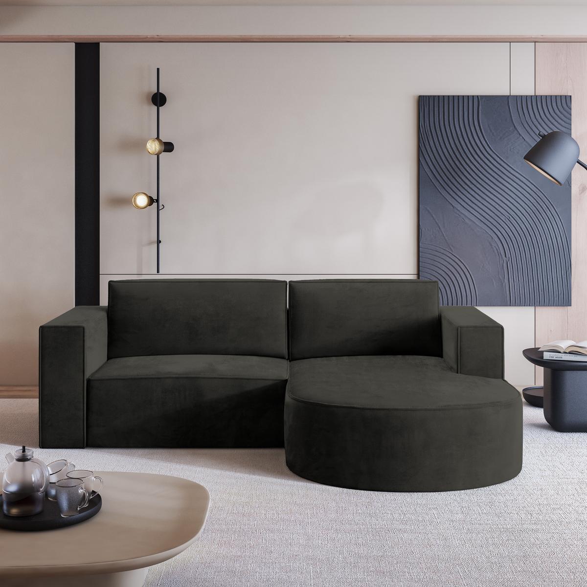 ECKSOFA SORELA M R-S Schwarz Velours-Stoff mit Schlaffunktion - Schwarz, Holz (263/174cm) - MASSENO