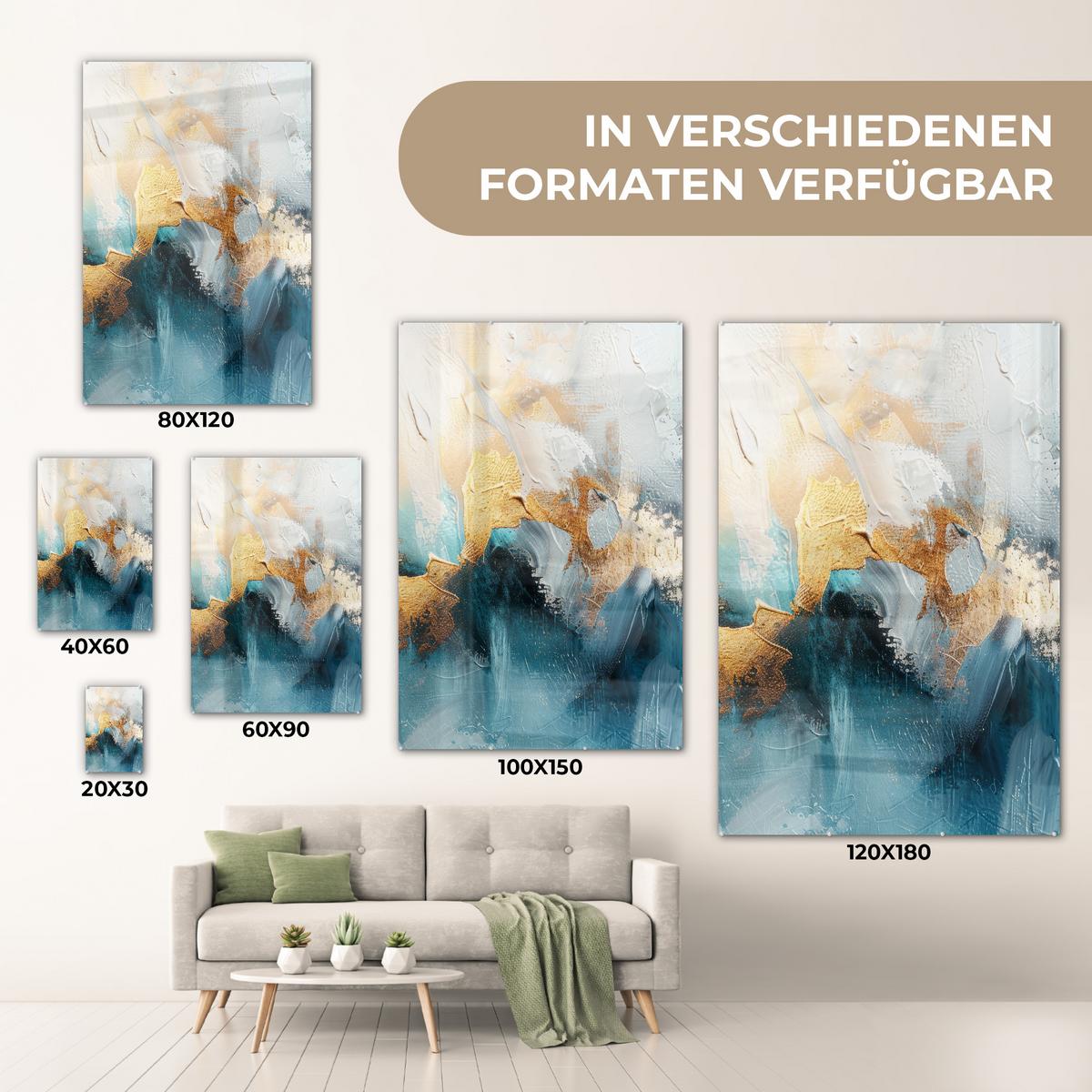 ACRYLGLASBILD Abstrakt - Kunst - Gold - Blau 80x120 cm - Petrol, Glas (80/120cm) - MuchoWow