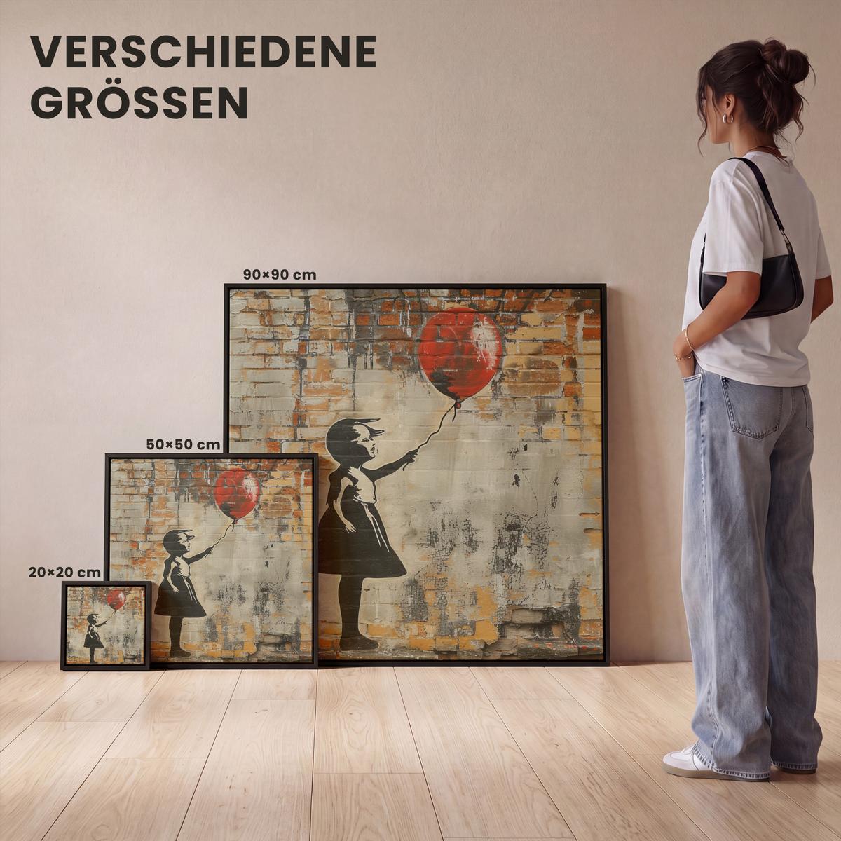 LEINWAND Bilder mit Rahmen - Graffiti - Banksy - Mädchen - Straßenkunst - 20x20 - Sandfarben, Textil (20/20cm) - MuchoWow