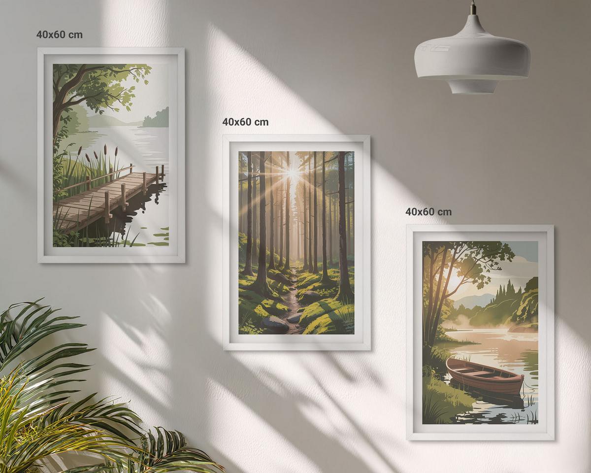 BILDER SET 3er Set - 40x60 cm Weißer Rahmen - Landschaft aus Wald, See und Boot - Weiß, Kunststoff (40/60cm) - TULUP
