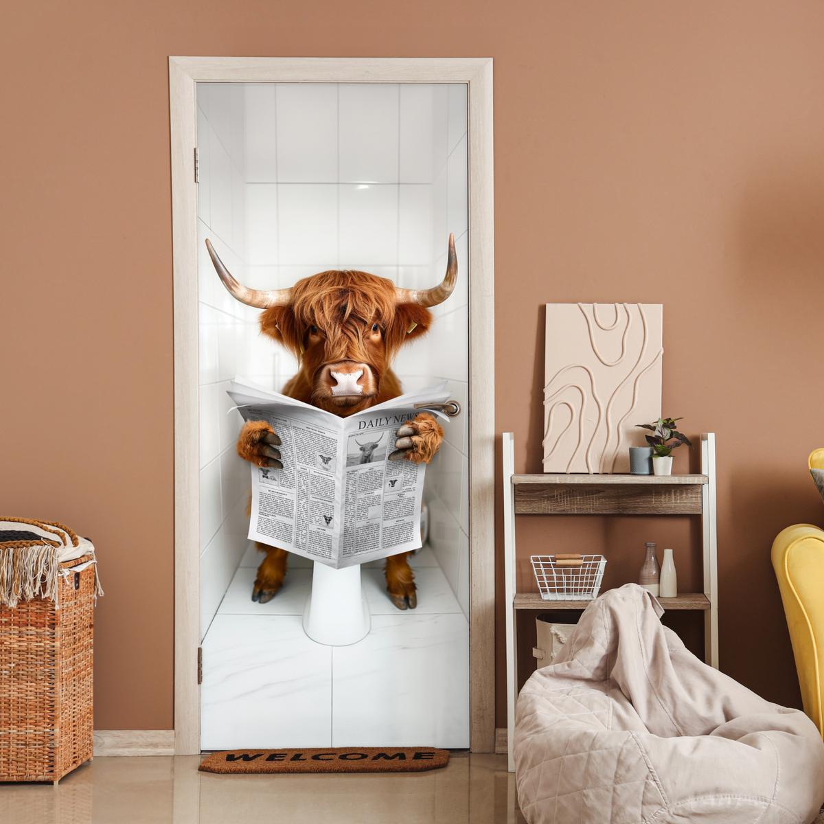 TÜRAUFKLEBER Scottish Highlander - Zeitung - WC - Tier Fototapete 75x205 cm - Türtapete - Weiß, Kunststoff (75/0.1/205cm) - MuchoWow
