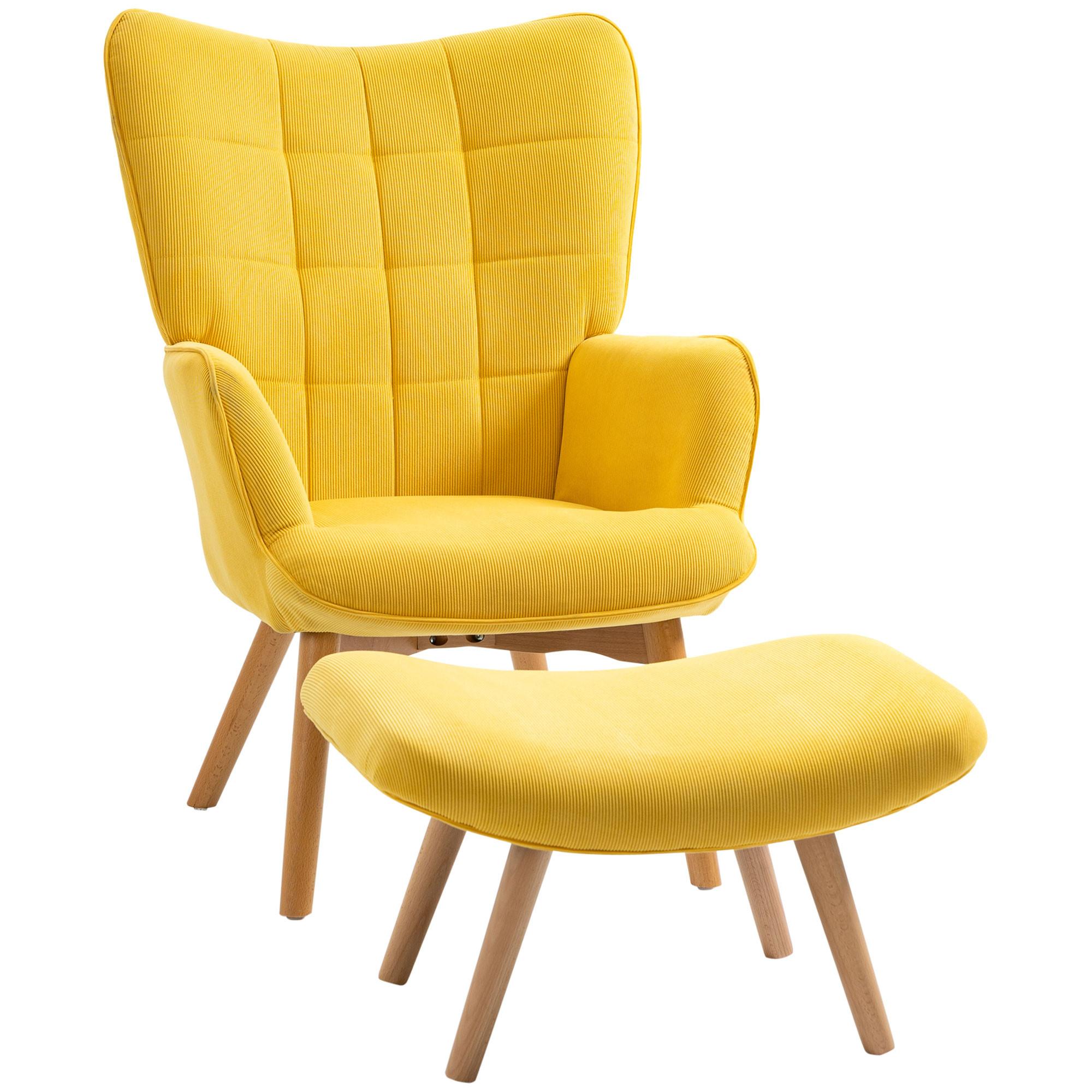 OHRENSESSEL mit Hocker, Relaxsessel, Polstersessel in Cord-Optik, mit Holzbeine - Gelb/Buchefarben, Holz/Buchenholz (80/101/72cm) - HOMCOM
