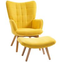 OHRENSESSEL mit Hocker, Relaxsessel, Polstersessel in Cord-Optik, mit Holzbeine - Gelb/Buchefarben, Holz/Buchenholz (80/101/72cm) - HOMCOM