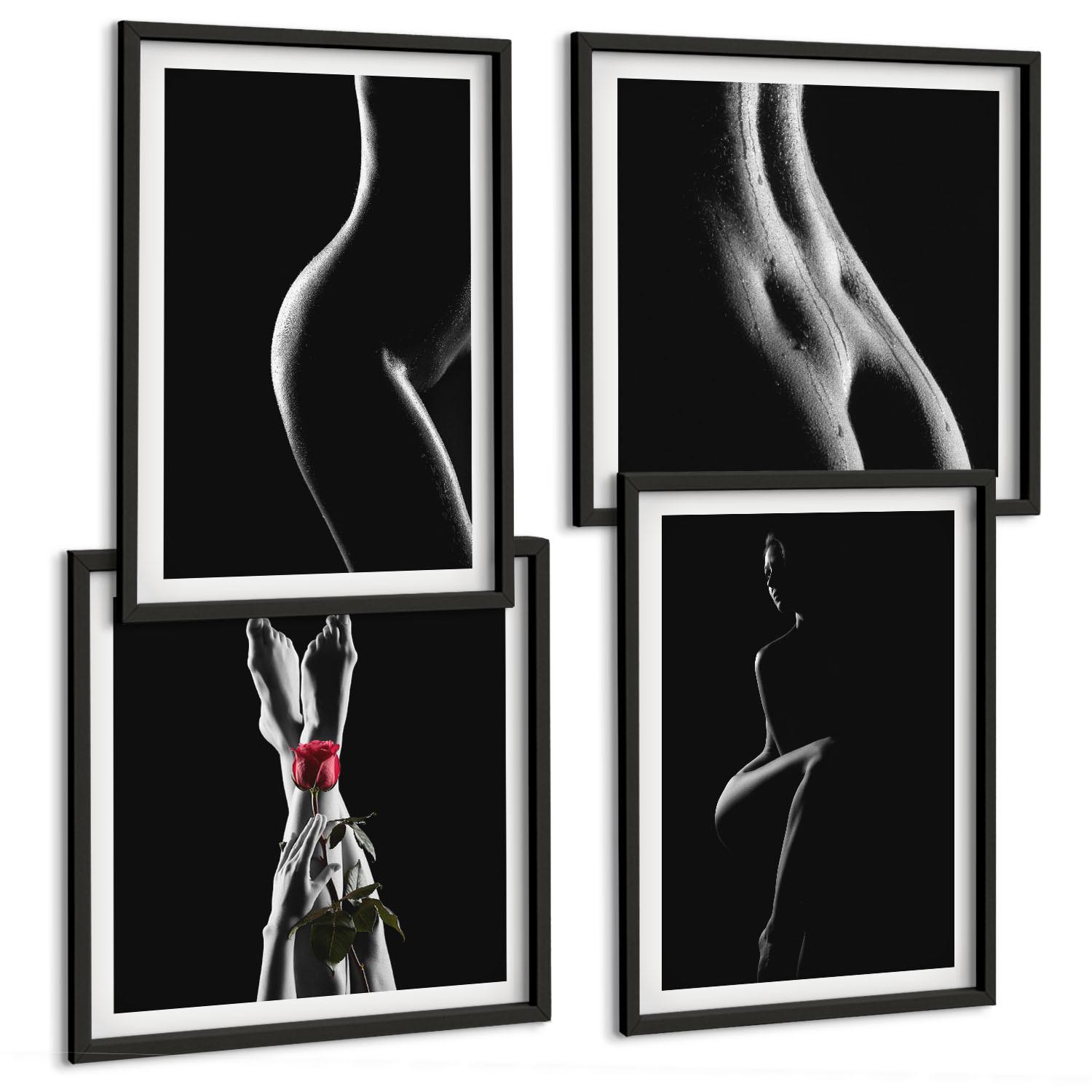 BILDER SET 4er Set - 50x50 cm & 40x60 cm Schwarzer Rahmen - Schwarze und weiße weibliche Formen - Schwarz, Kunststoff (50/50cm) - TULUP