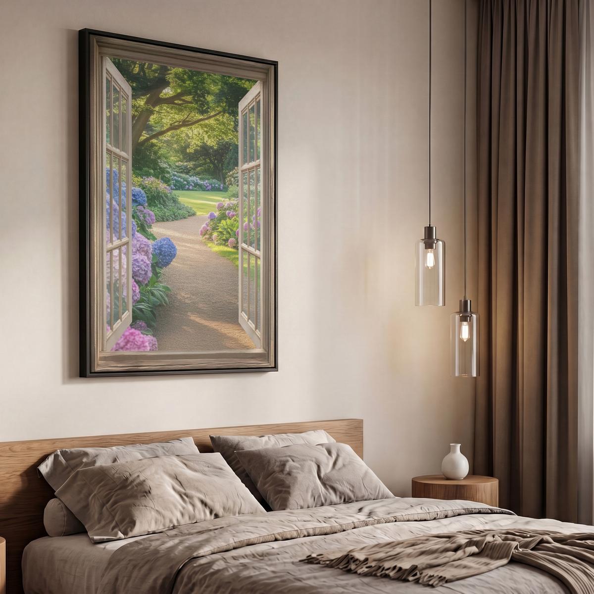 LEINWAND Bilder mit Rahmen - Aussicht - Garten - Fenster - Hortensie - Blumen - 60x90 - Pastellblau, Textil (60/90cm) - MuchoWow