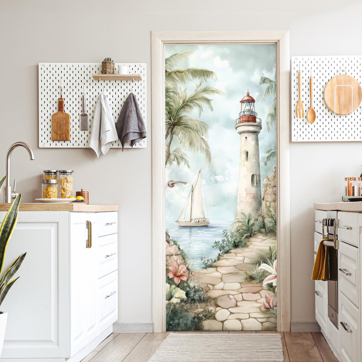 TÜRAUFKLEBER Leuchtturm - Natur - Landschaft - Boot Room Decor 85x205 cm - Türtapete - Eichefarben, Kunststoff (85/0.1cm) - MuchoWow