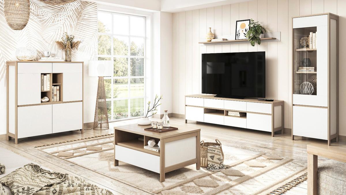 WOHNWAND weiß, Eiche, Wohnkombination skandinavisch 3-teilig 266 cm, Soft-Close, Finnes - Eichefarben/Weiß, Holzwerkstoff/Metall (266/195/39cm) - Furn.Design