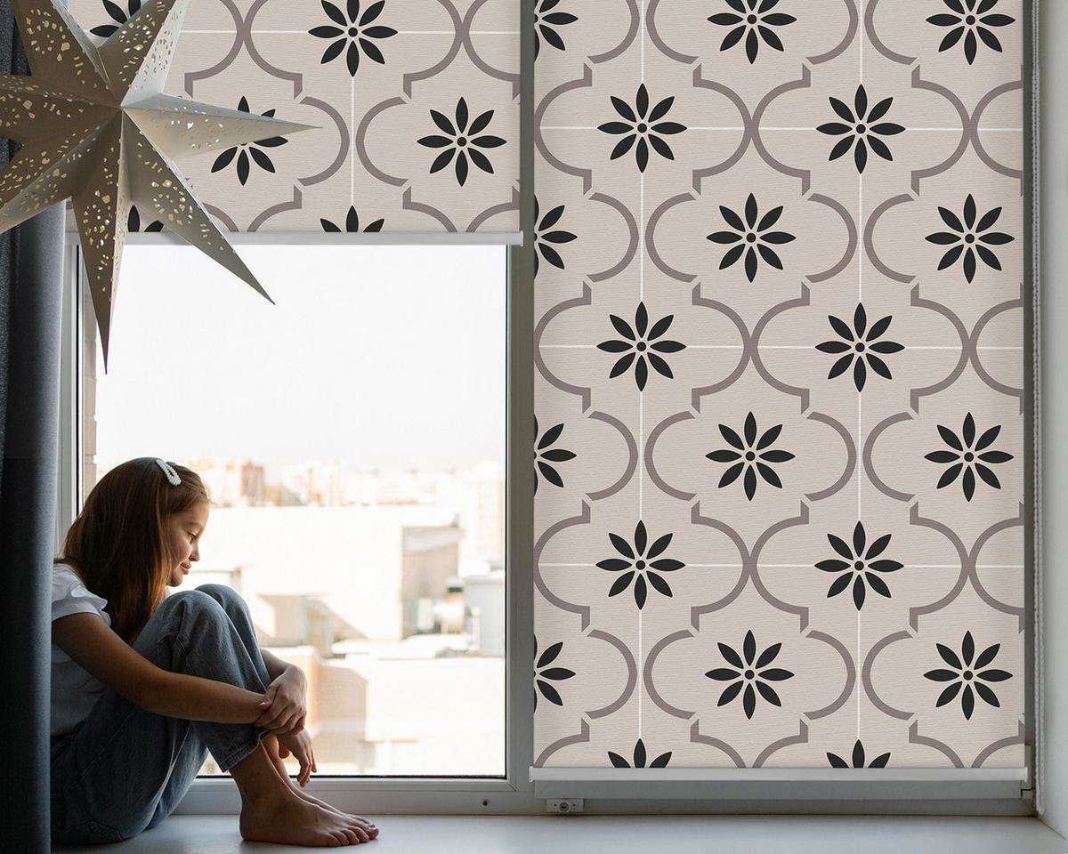 INNENROLLO - Fensterrollo - Rollo - 120x140 cm - Marokkanische blumenförmige Fliese - Grau, Kunststoff (120/140/0.5cm) - TULUP