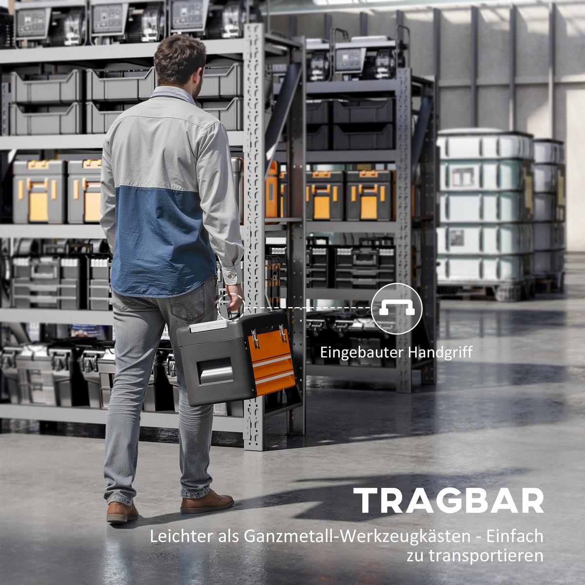 WERKZEUGKISTE leer, 49,7 x 25,3 x 28,9 cm Werkzeugkasten mit Schublade - Orange, Kunststoff (25.3/28.9/49.7cm) - HOMCOM