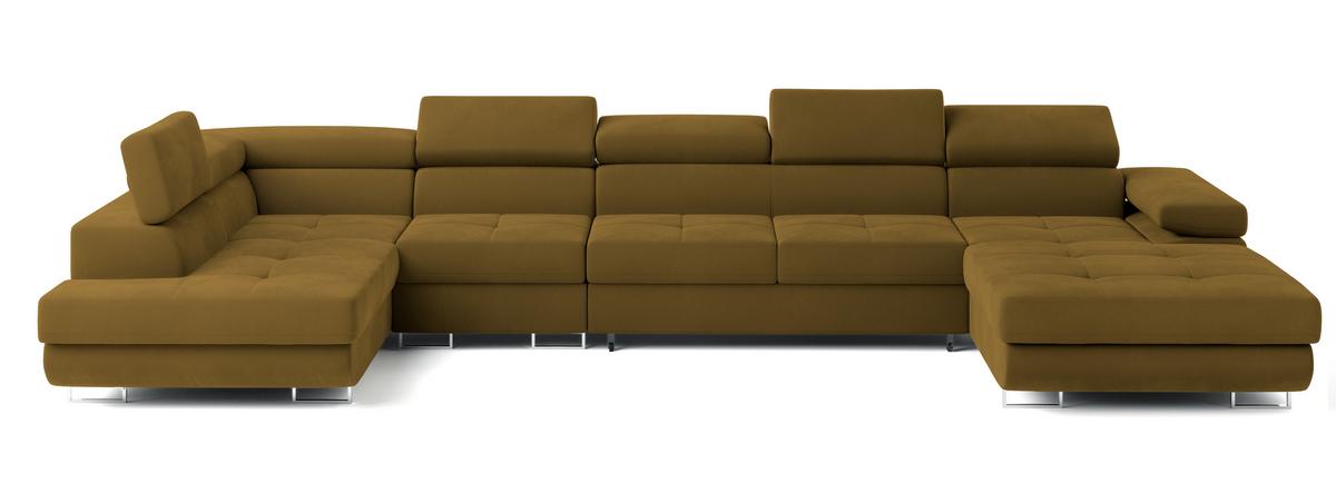 WOHNLANDSCHAFT VELORA L-S Gelb Velours-Stoff mit Schlaffunktion - Gelb, Holz (419/90/202cm) - MASSENO