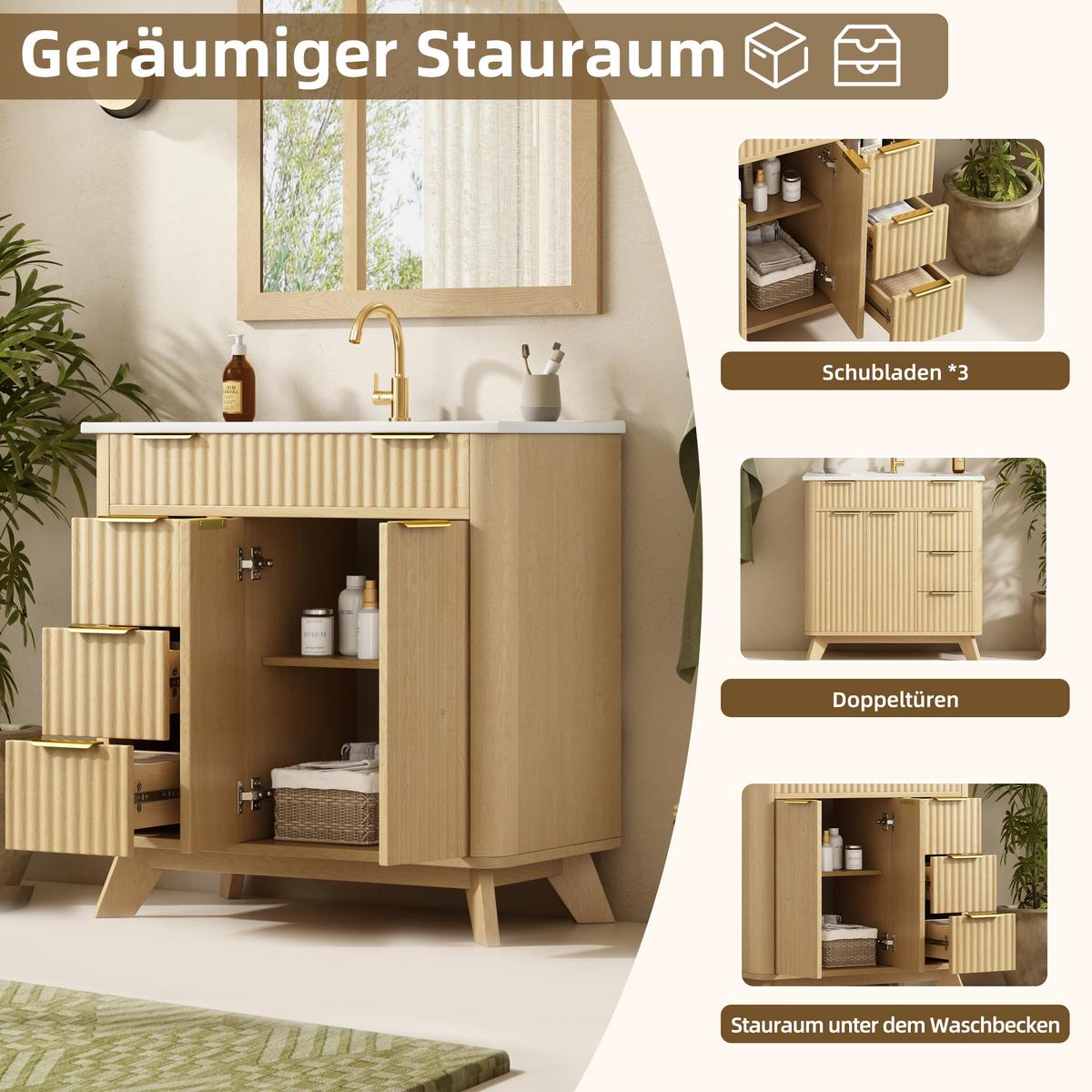 WASCHTISCHUNTERSCHRANK Holzoptik Wellenmuster 3 Schubladen & Doppeltüren - Naturfarben, Holzwerkstoff (81/90/47cm) - Urban Meuble