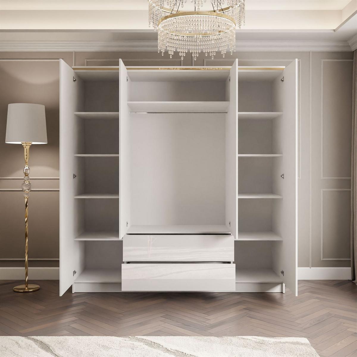 KLEIDERSCHRANK AURORA 4D2SZ mit Schubladen - Weiß Hochglanz/Weiß, Holzwerkstoff (200/213/57cm) - Lookway