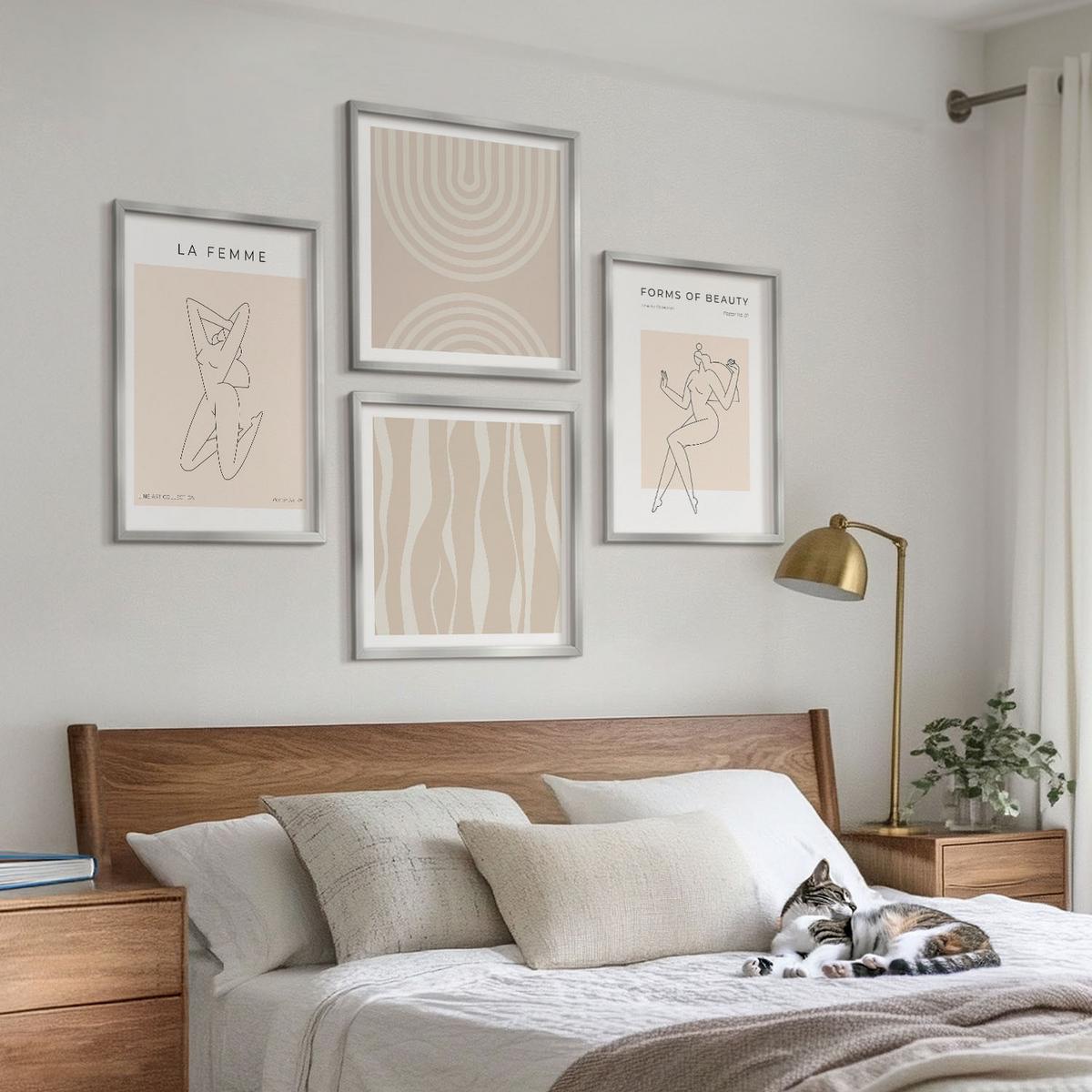 BILDER SET 4er Set - 50x50 cm & 40x60 cm Silberner Rahmen - Eine Sammlung minimalistischer Formen - Silberfarben, Kunststoff (50/50cm) - TULUP