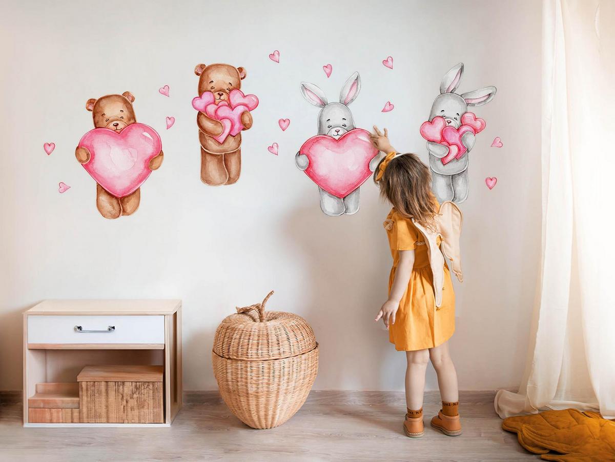 WANDAUFKLEBER 60x101cm - Niedliche Teddybären und Kaninchen - Multicolor, Kunststoff (60/101/0.1cm) - Wallfluent
