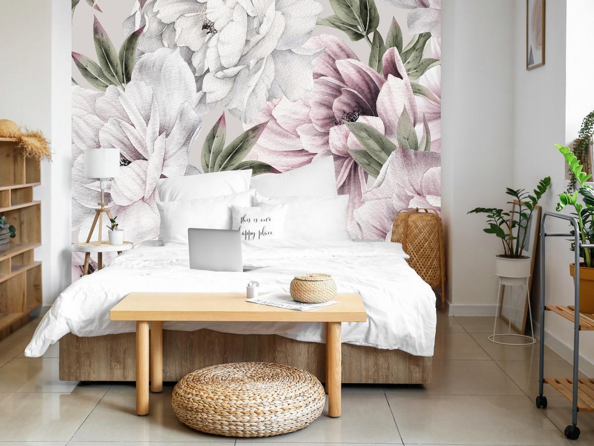 FOTOTAPETE für Schlafzimmer Pastell Pfingstrosen Boho Pflanzen 450x315 - Violett/Rosa, Papier (450/315cm) - Muralo