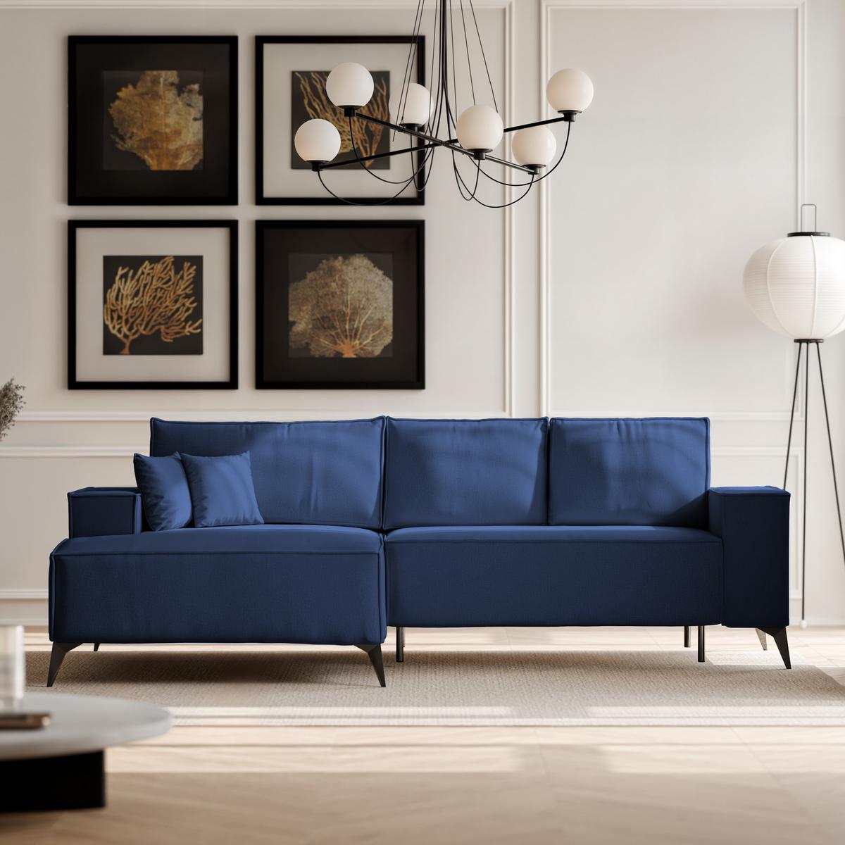 ECKSOFA OTIS Links, mit Schlaffunktion und Bettkasten, Marineblau - Dunkelblau, Textil/Metall (294/185cm) - Idohome