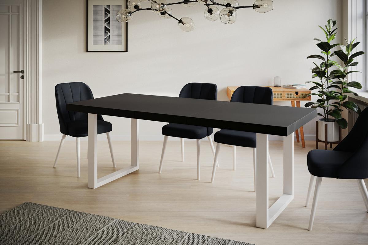INDUSTRIELLER Esszimmertisch LOFT-U, ausziehbarer Tisch, Größe: 180-280X90X77 cm, Wohnzimmertisch Farbe: Schwarz, mit Metallbeinen in Farbe Weiß - Schwarz/Weiß, Holzwerkstoff (180/90/77cm) - Alpi-Möbel