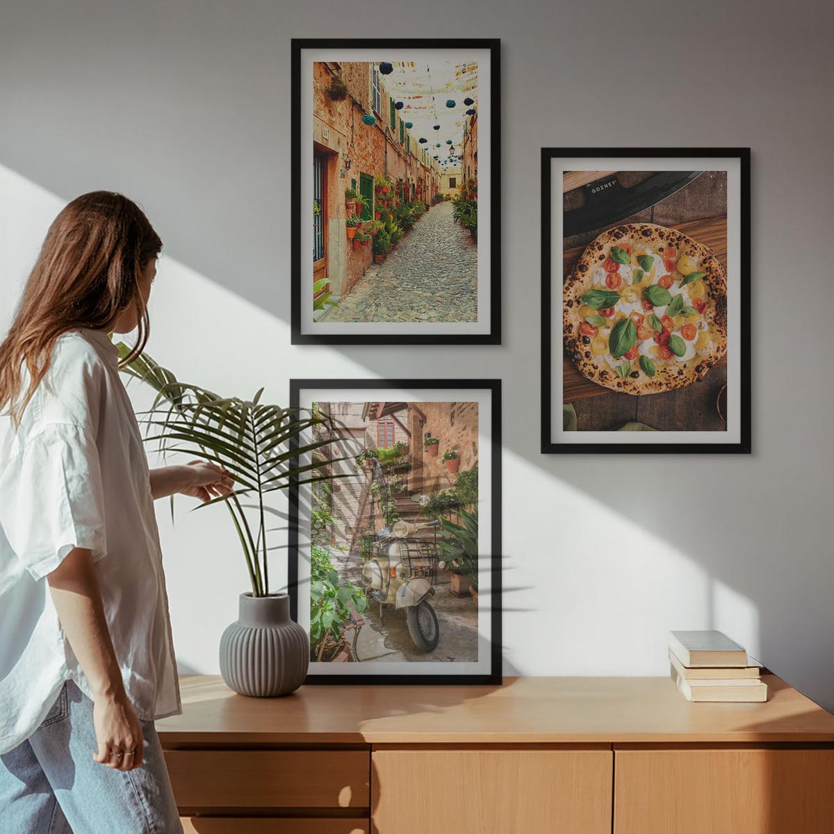 BILDER SET 3er Set - 40x60 cm Schwarzer Rahmen - Charmante Straßen mit Pizza - Schwarz, Kunststoff (40/60cm) - TULUP