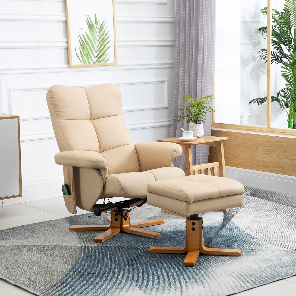 RELAXSESSEL mit Liegefunktion Massagesessel mit Fußhocker Polyester Cremeweiß - Champagner/Creme, Leder/Holz (86/99/80cm) - HOMCOM