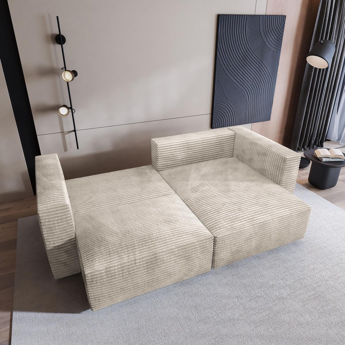 ECKSOFA NERIO Creme Kordstoff mit Schlaffunktion - Creme, Holz (245/148cm) - MASSENO