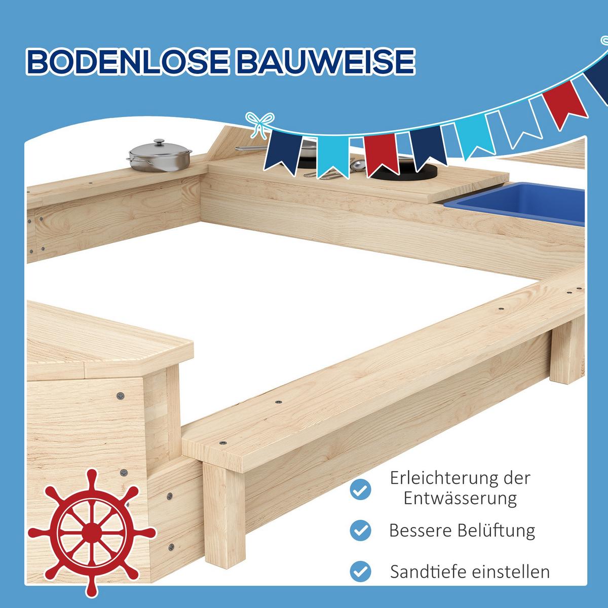 SANDKASTEN Sandkiste groß mit Abdeckung im Schiff Design Matschekiste aus Holz - Naturfarben, Holz (180/103/144.5cm) - Outsunny